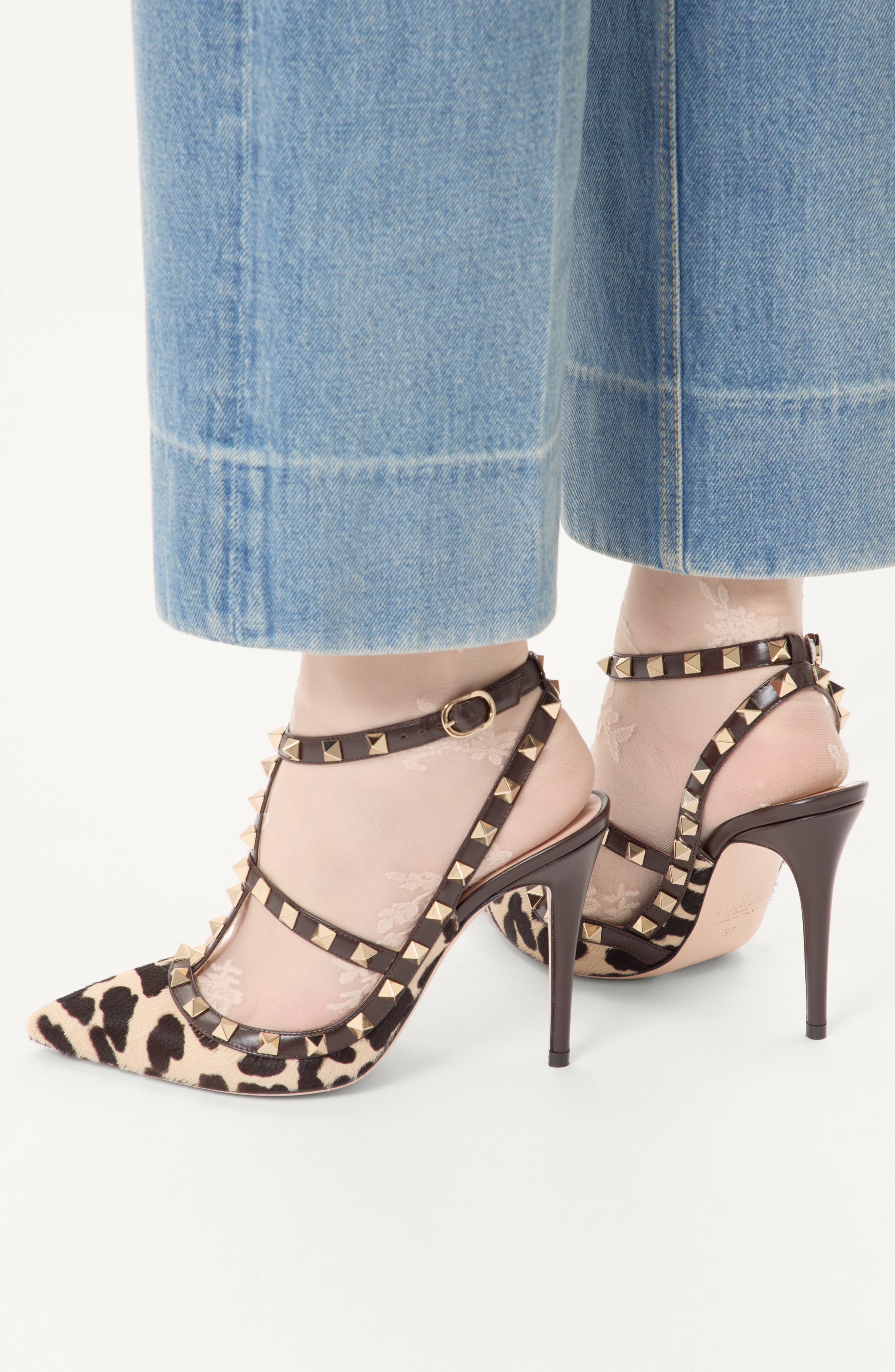 Valentino Garavani Rockstud Genuine Calf Hair T-Strap Pump in Natural Print Calf Hair/Brown at Nords - 2