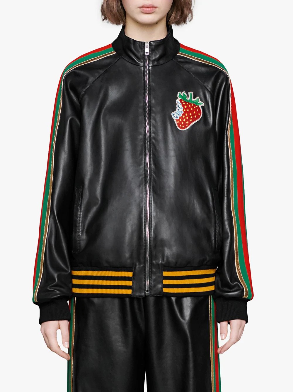 Leather bomber jacket with Gucci Strawberry - 3