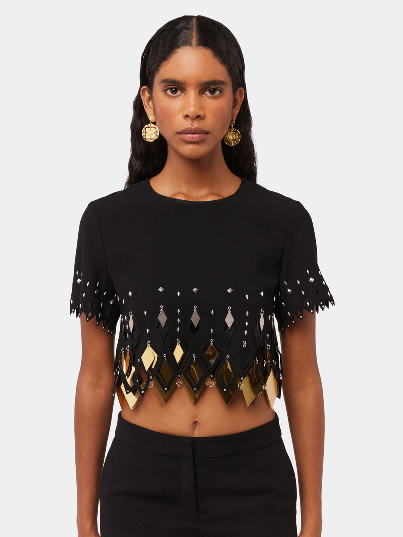 BLACK CREPE CROP TOP WITH DIAMOND-SHAPED LASER ASSEMBLY 4
