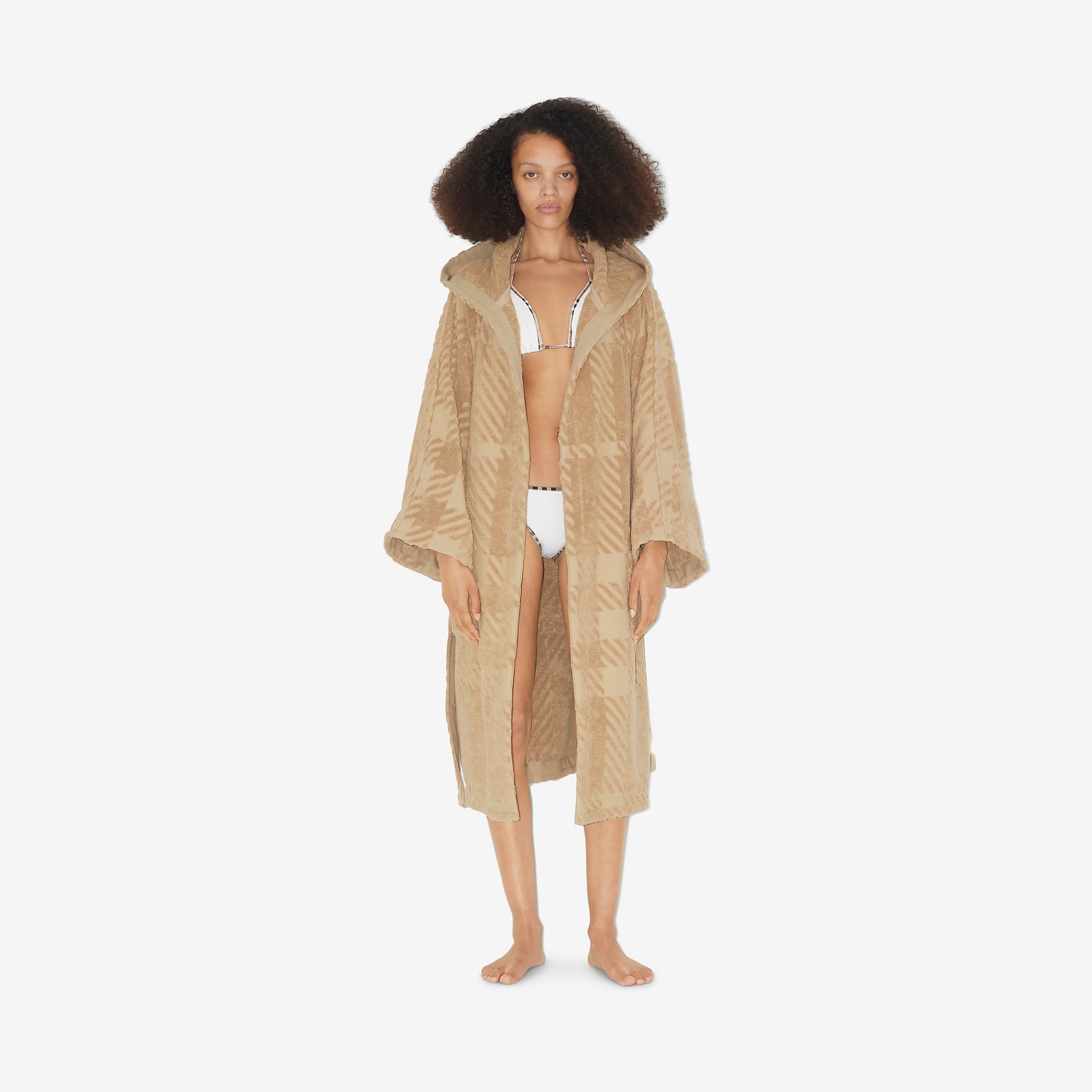 Check Cotton Jacquard Hooded Robe - 5
