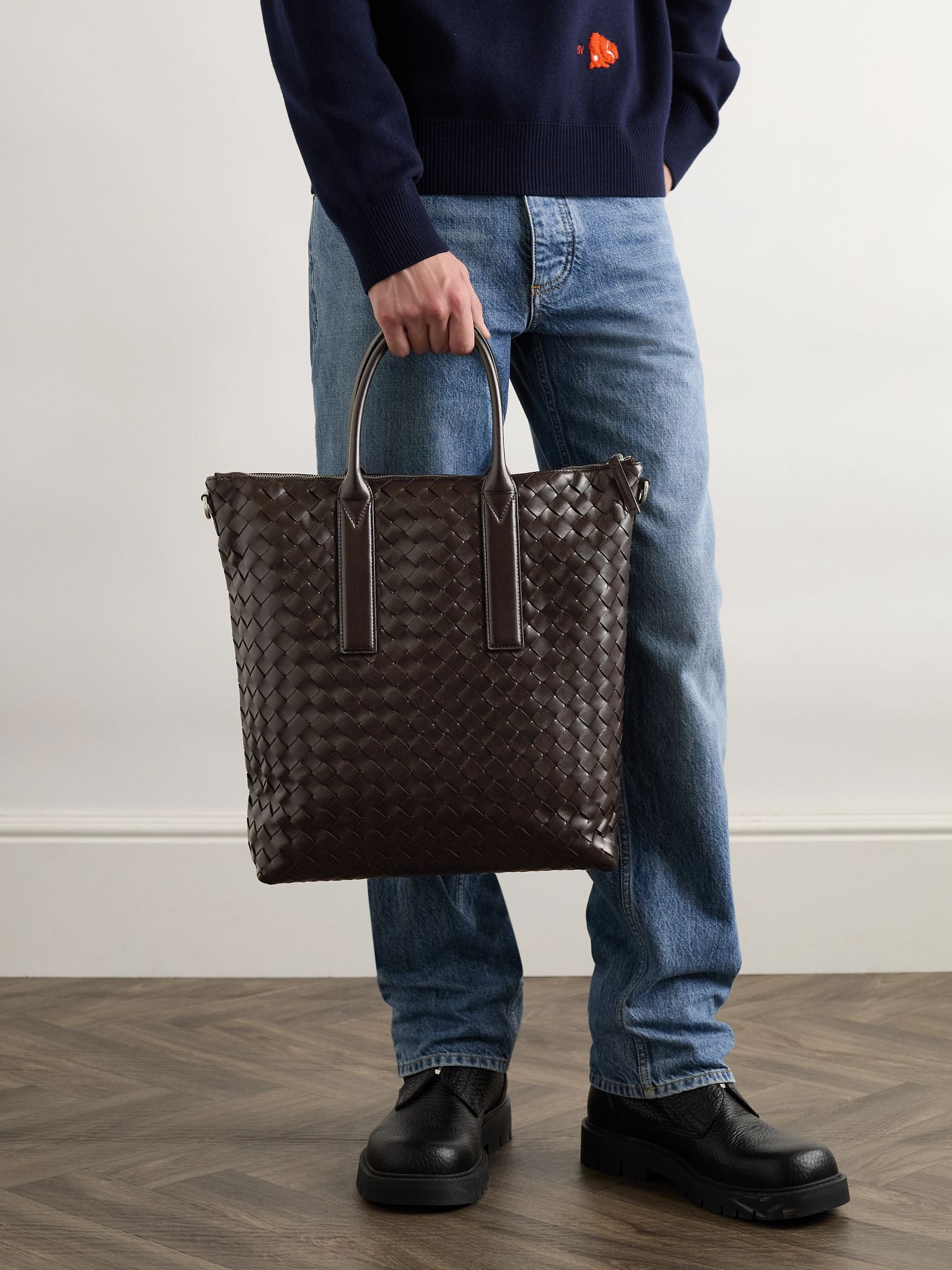 N/S Intrecciato Leather Tote Bag Brown - 6