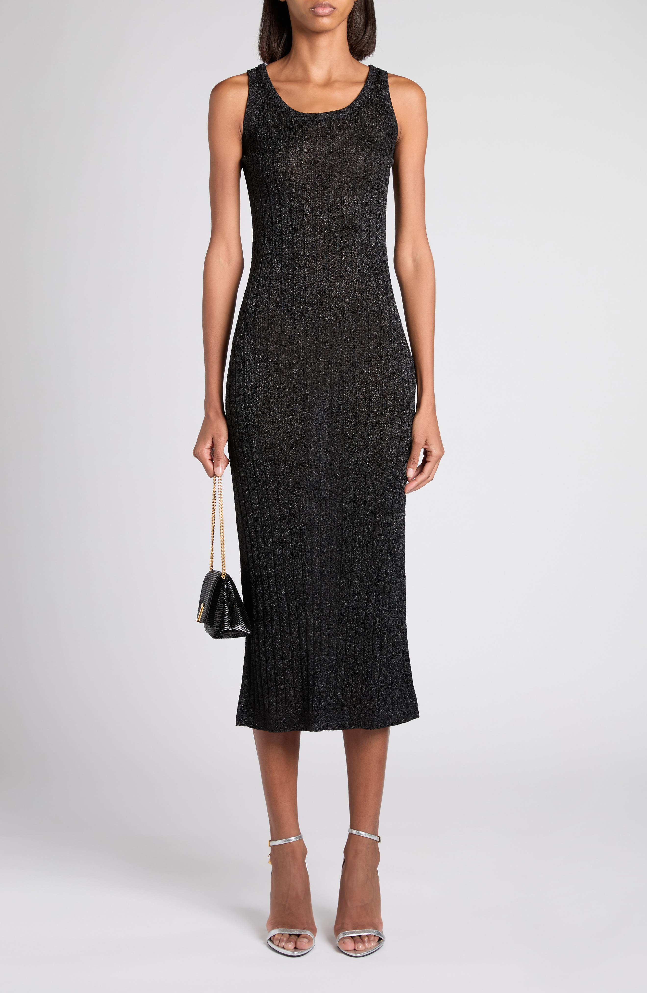 TOM FORD Metallic Rib Midi Sweater Dress in Lb999 Black at Nordstrom - 2