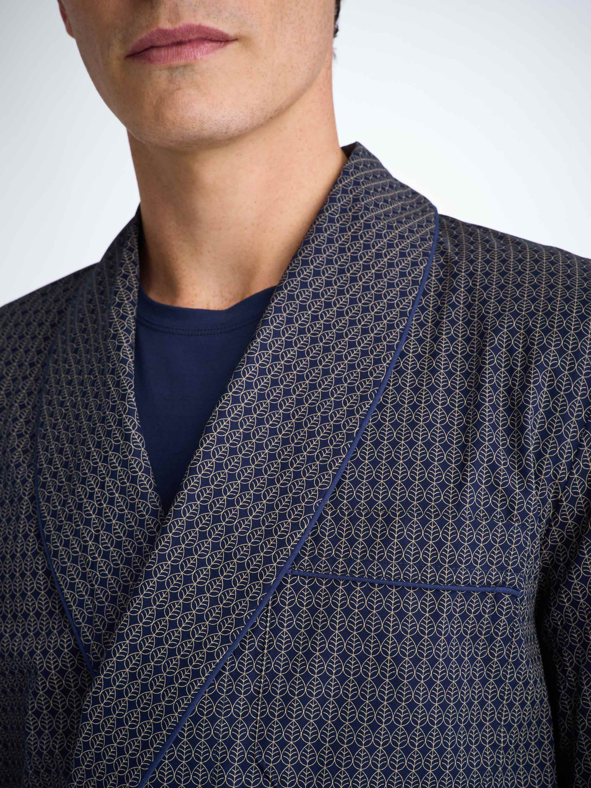 Men's Robe Cotton Batiste Navy Jungle Leaf Print - 5