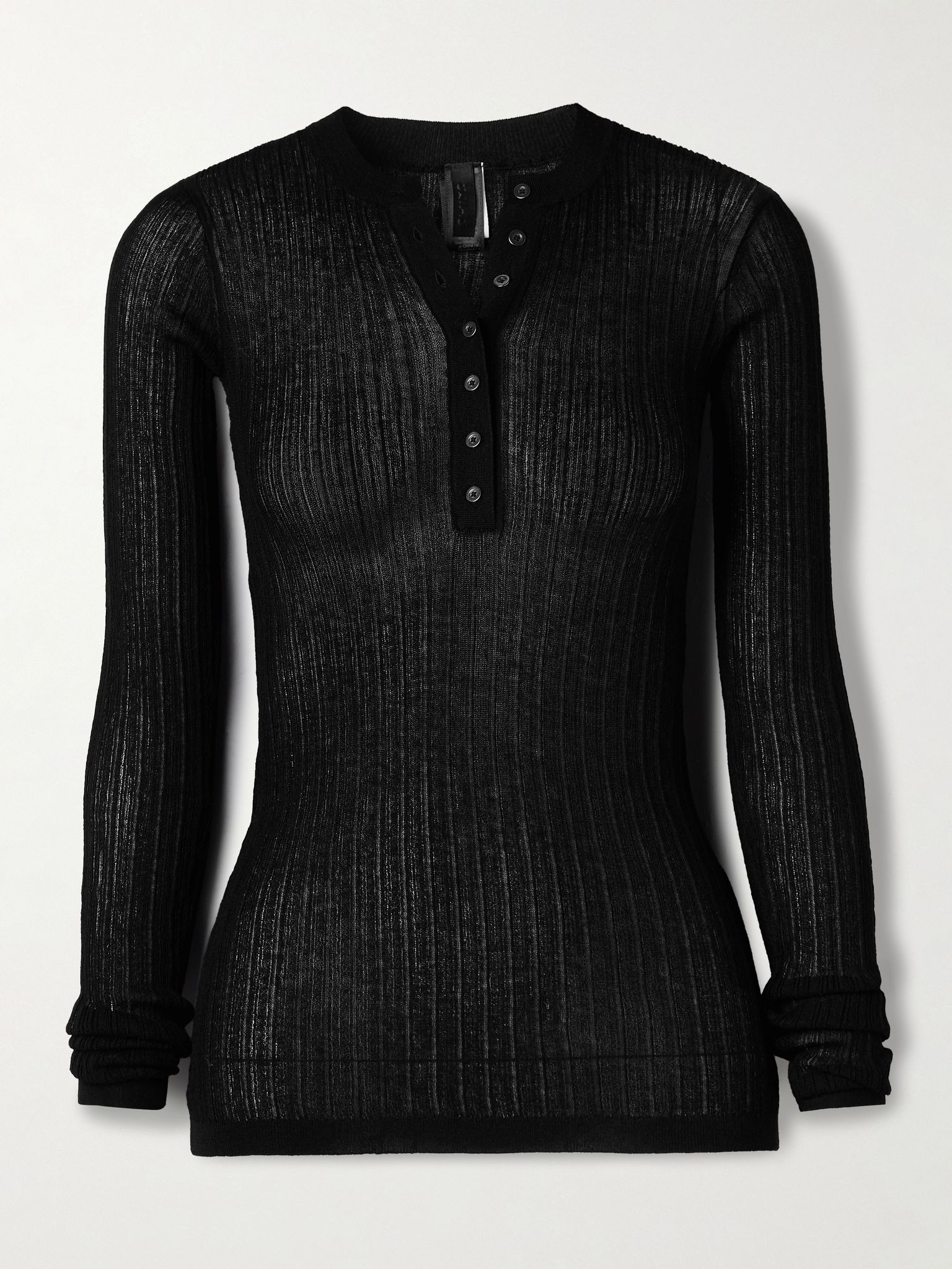 Sheer Knit Long Sleeve Henley - Onyx Black - 1