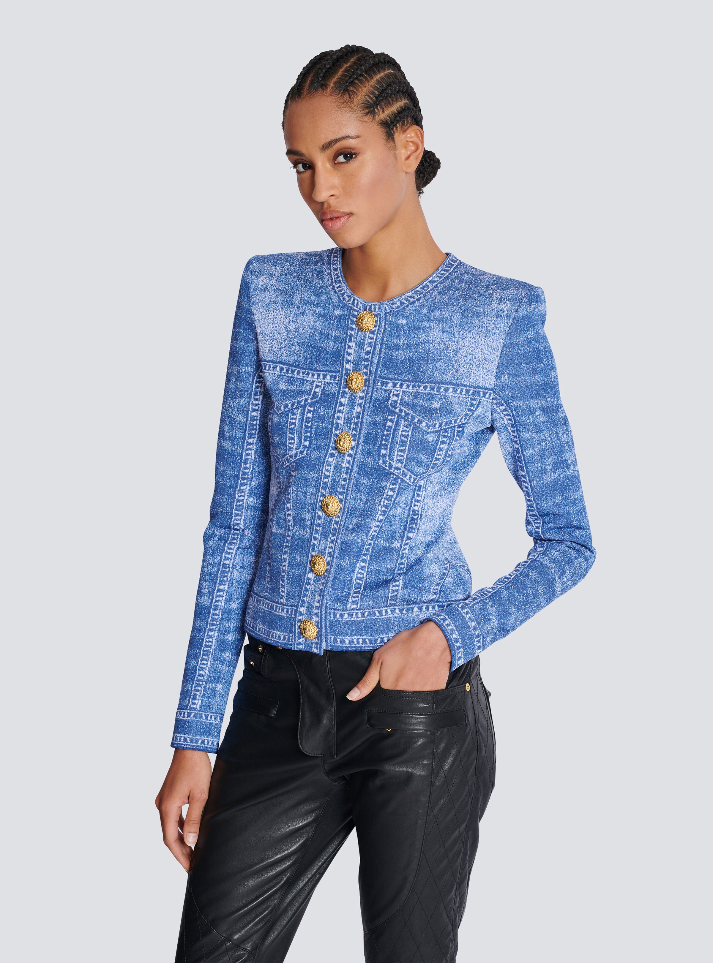 Jacquard knit cardigan with denim effect - 6