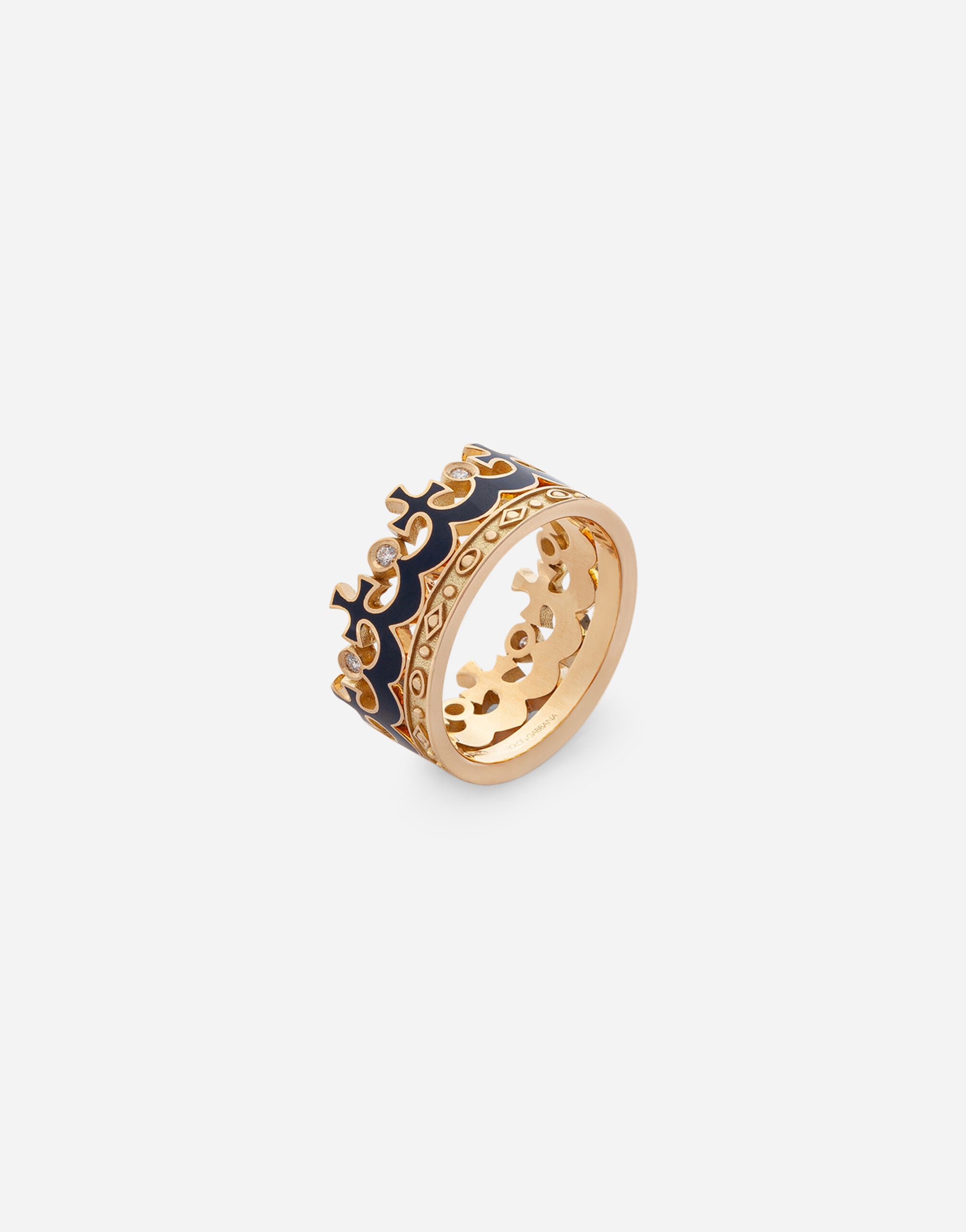 Crown yellow gold ring with blue enamel crown and diamonds - 3