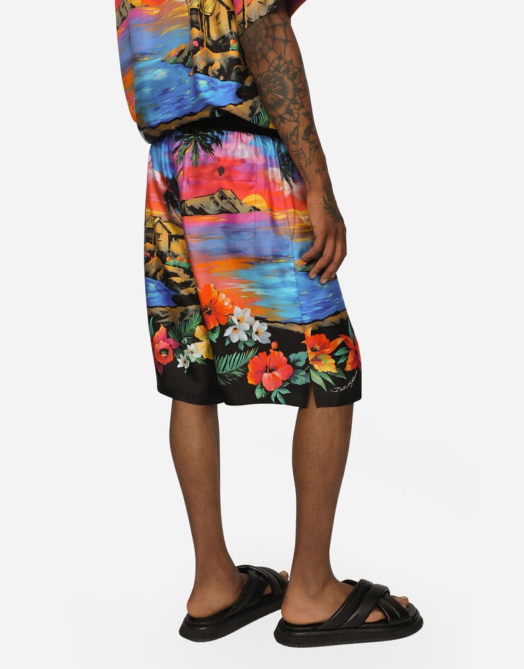 Silk twill jogging shorts with Hawaiian print - 4