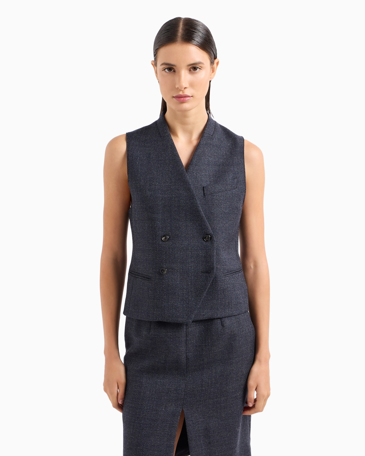Double-breasted waistcoat in compact mouliné-wool grisaille - 2