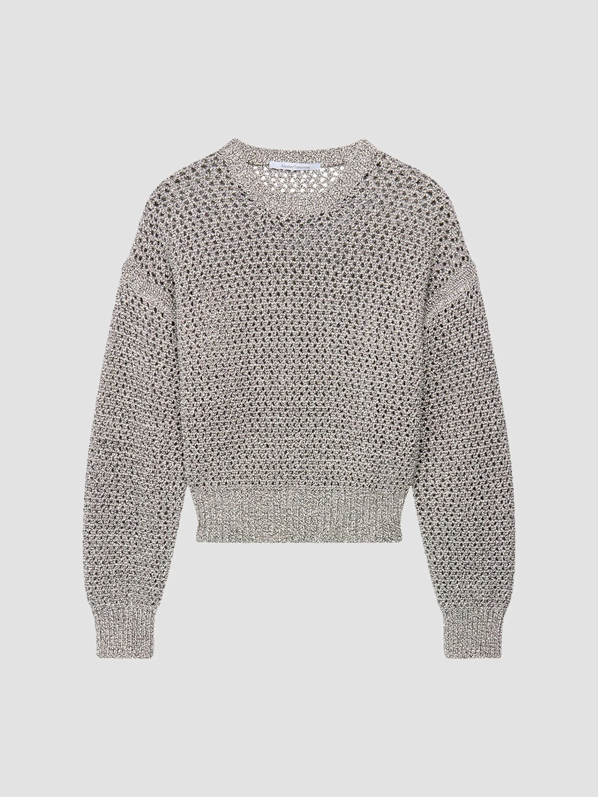 Women's Open Knit Crewneck Sweater - Black Ecru - 1