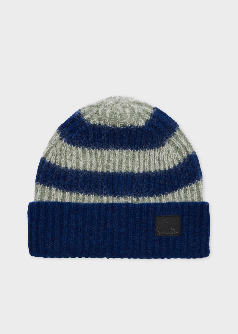 Paul Smith Stripe Navy Blue Lambswool-Mohair Chunky Knit Beanie and Scarf Set outlook