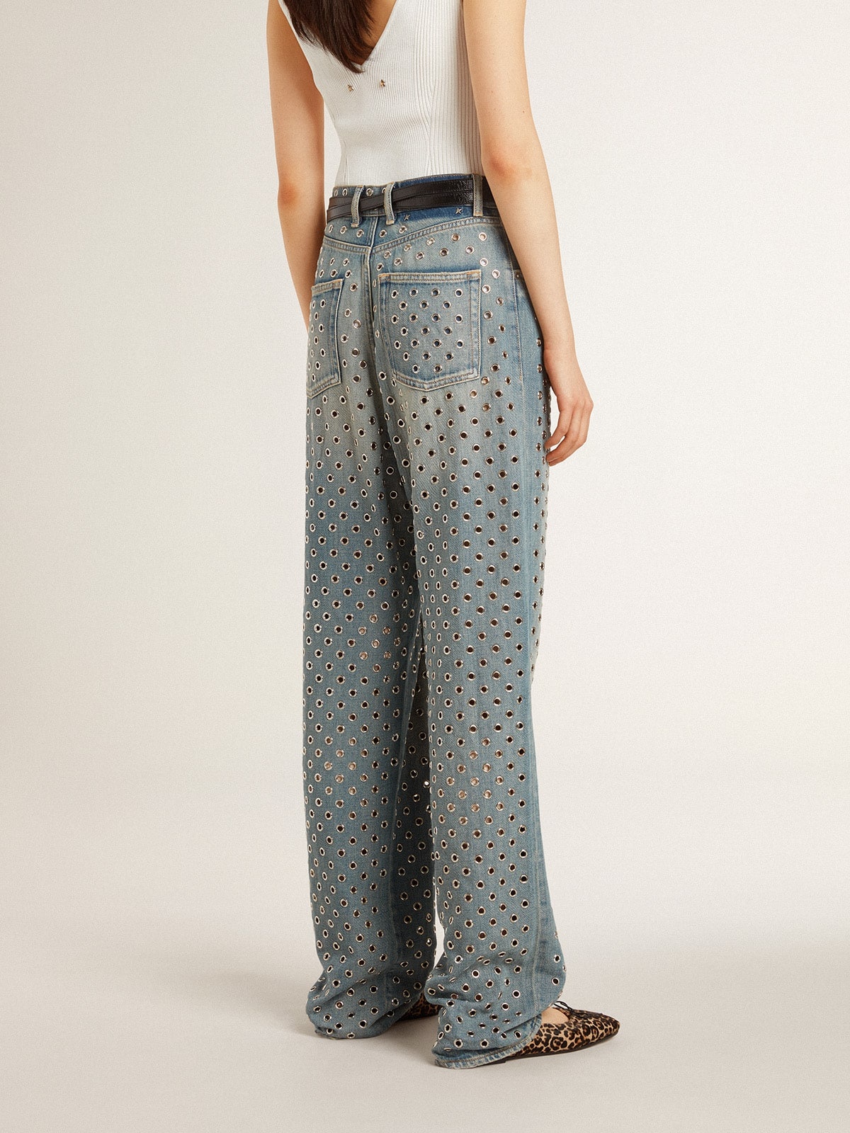 Women's washed jeans with all-over eyelets - 4