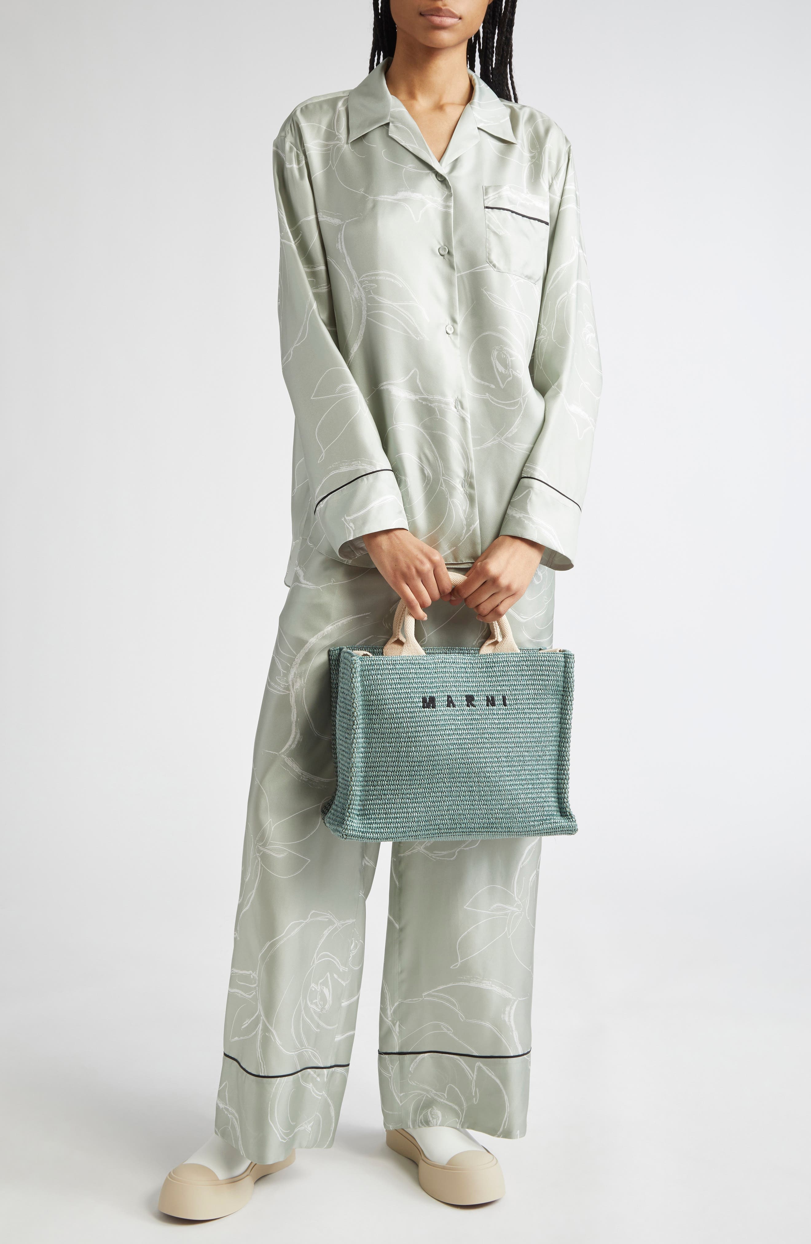Marni Floral Silk Pajama Shirt in Auv19 Sea/green at Nordstrom - 2