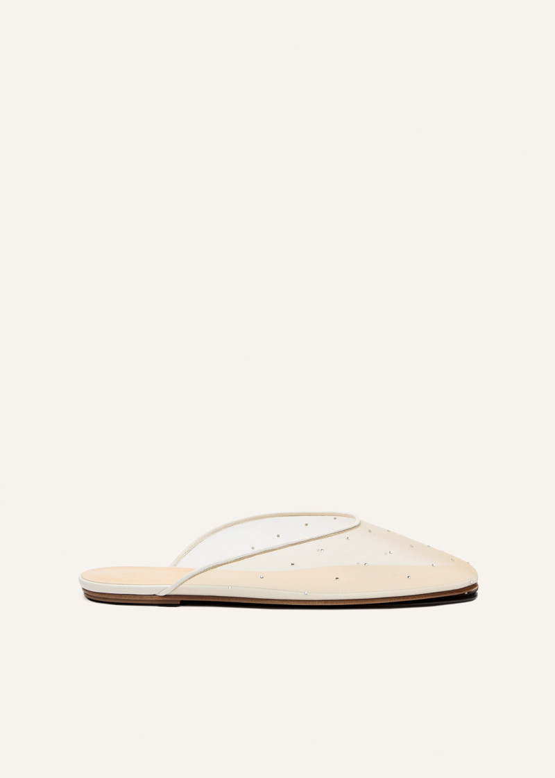 Crystal mesh flat mules in cream - 1