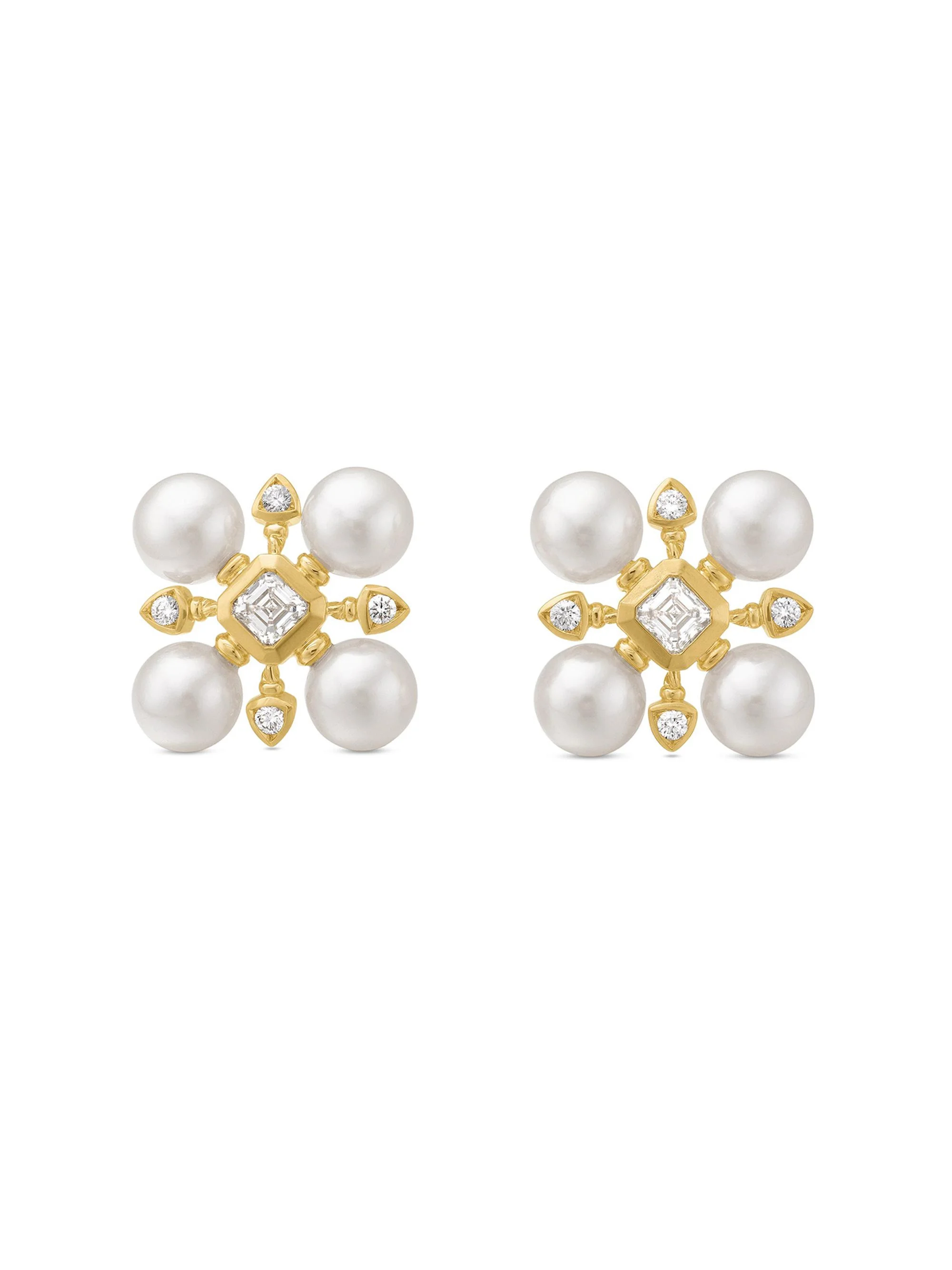 Women's Renaissance Pearl Stud Earrings in 18K Yellow Gold with Pearls and Diamonds, 16.5MM - Akoya - 1