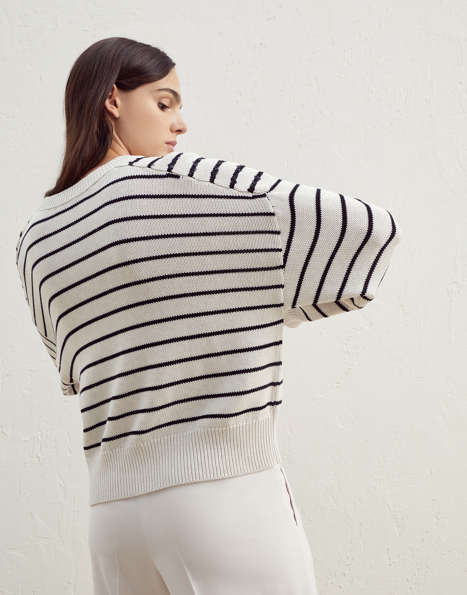 Striped cotton English rib sweater with dazzling shoulder stripes - 2