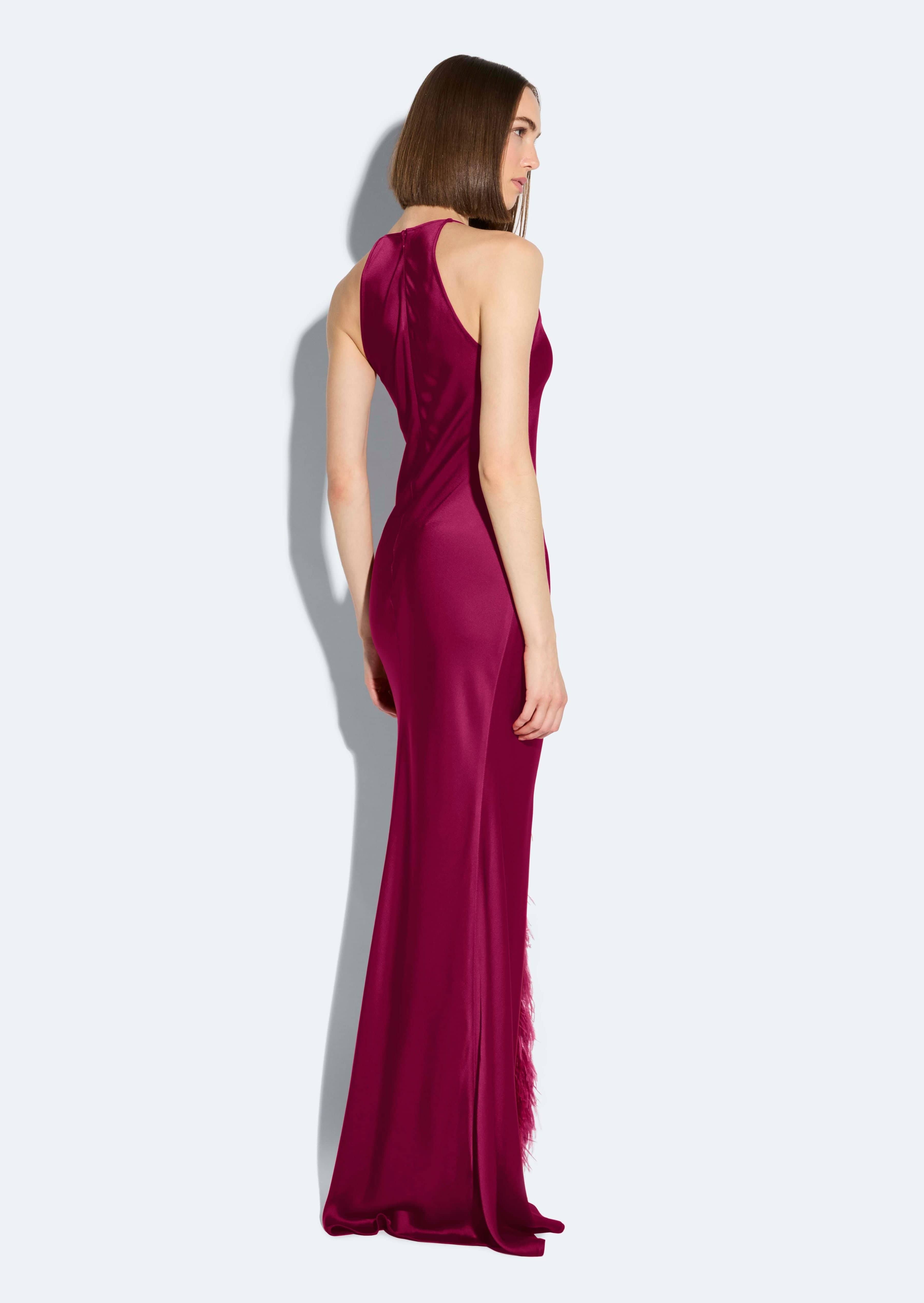 Satin Halter Gown With Feathers - 3