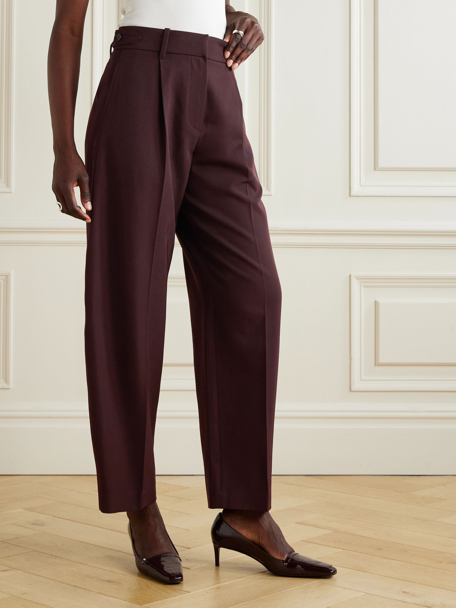 Pleated wool and cotton-blend twill tapered pants Burgundy - 3