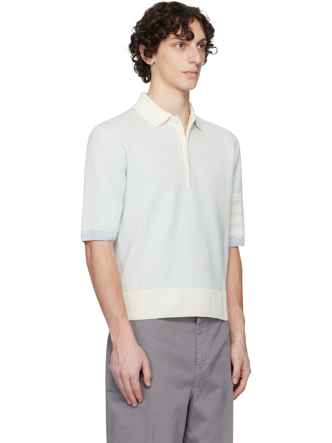 Blue & Off-White Textured Striped Stitch 4-Bar Relaxed Polo - 2