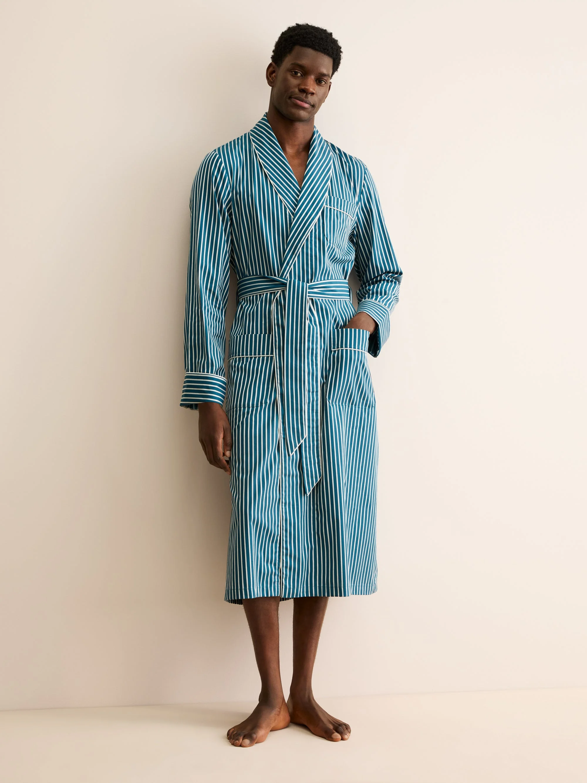 Men's Robe Royal Cotton Teal & White Stripe - 1
