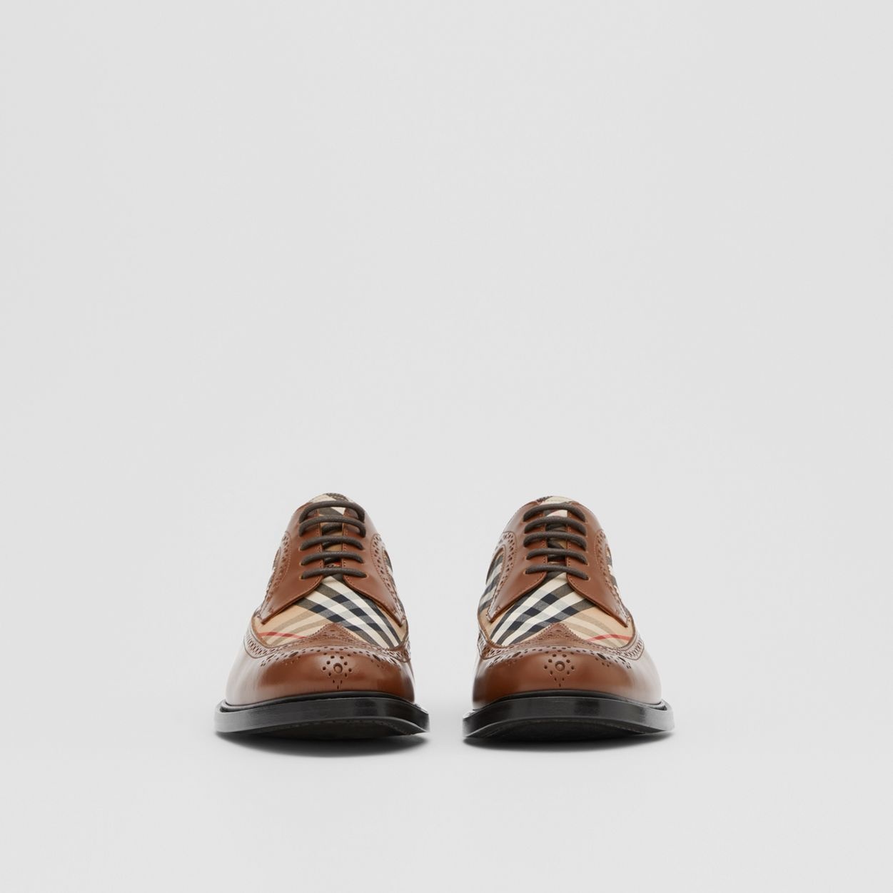 Brogue Detail Leather and Vintage Check Derby Shoes - 5