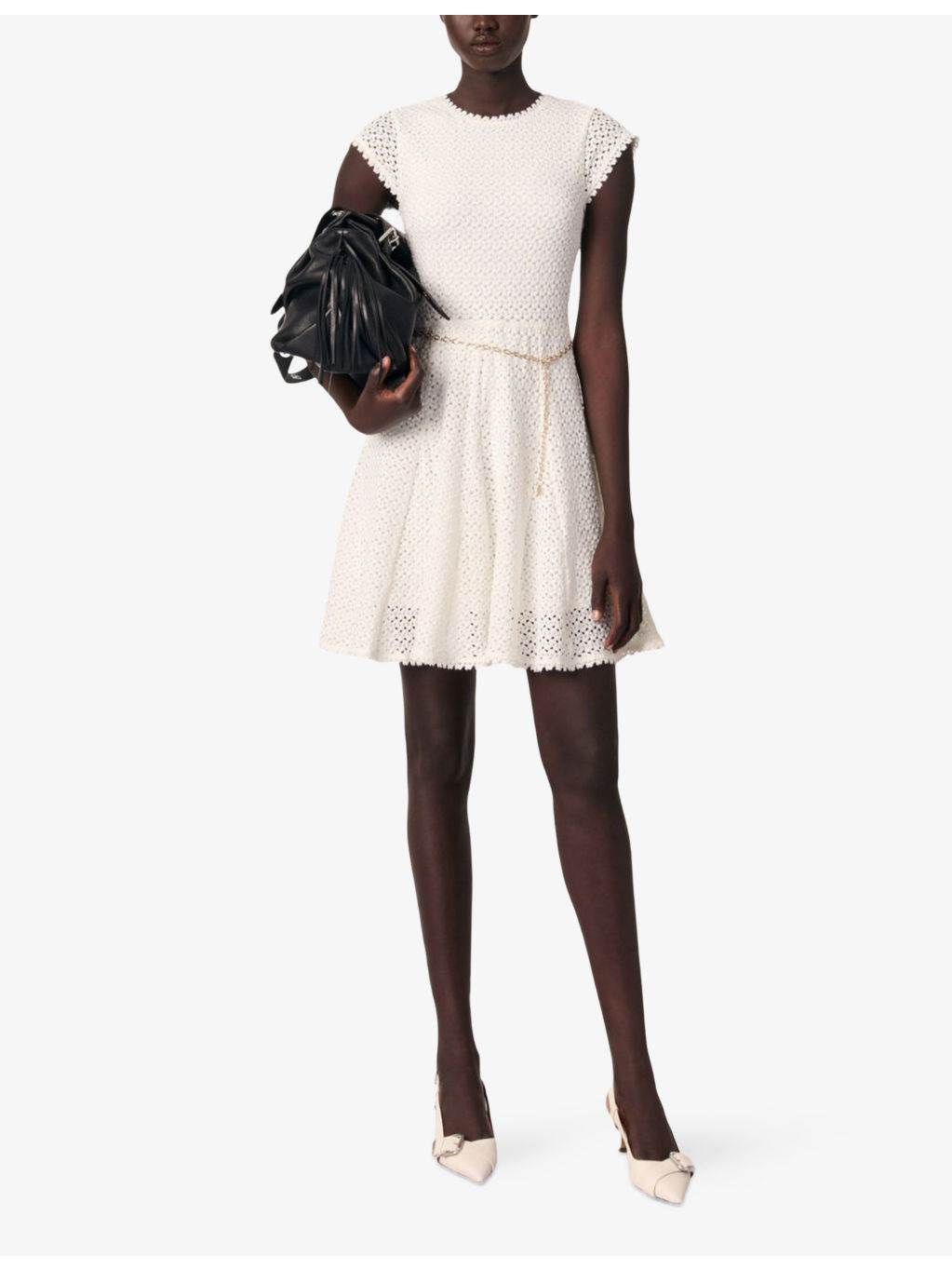 Chain-Belt Short-Sleeve Crochet Knitted Mini Dress - 2