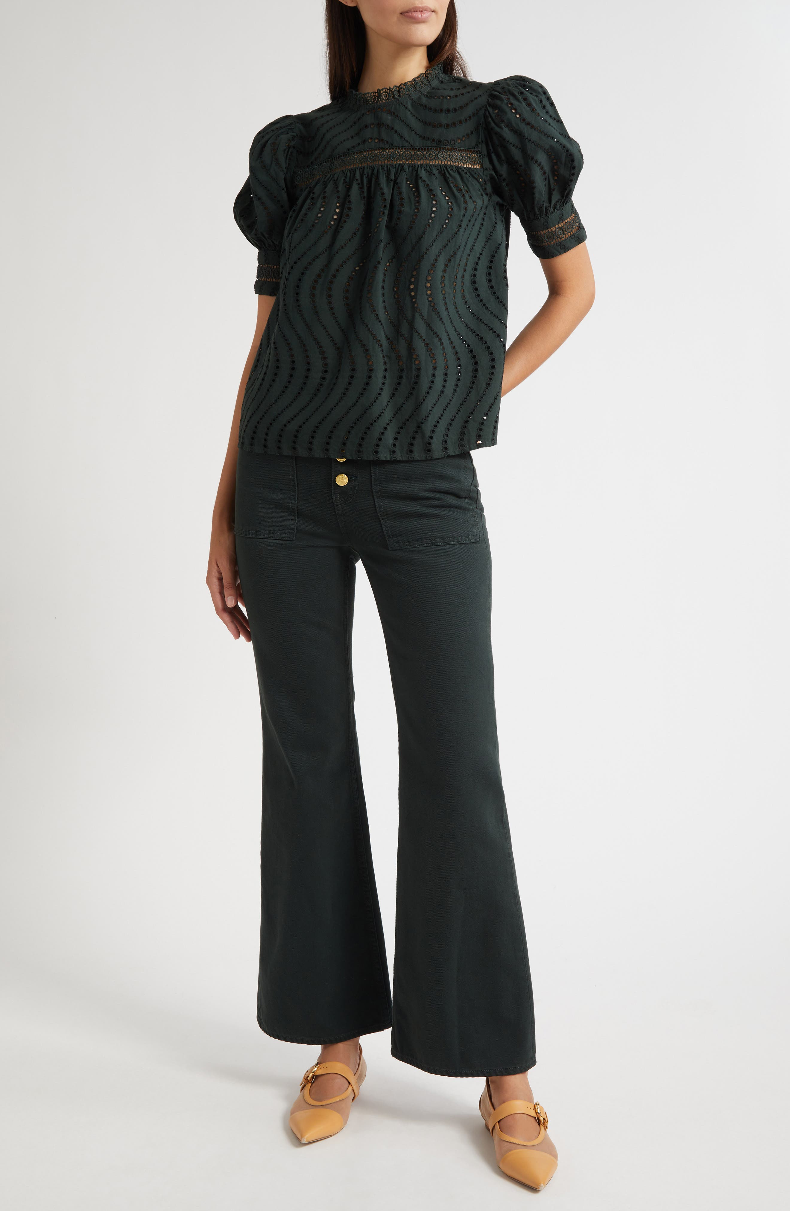 Ulla Johnson Virginia Lace Collar Puff Sleeve Top in Cypress at Nordstrom - 2