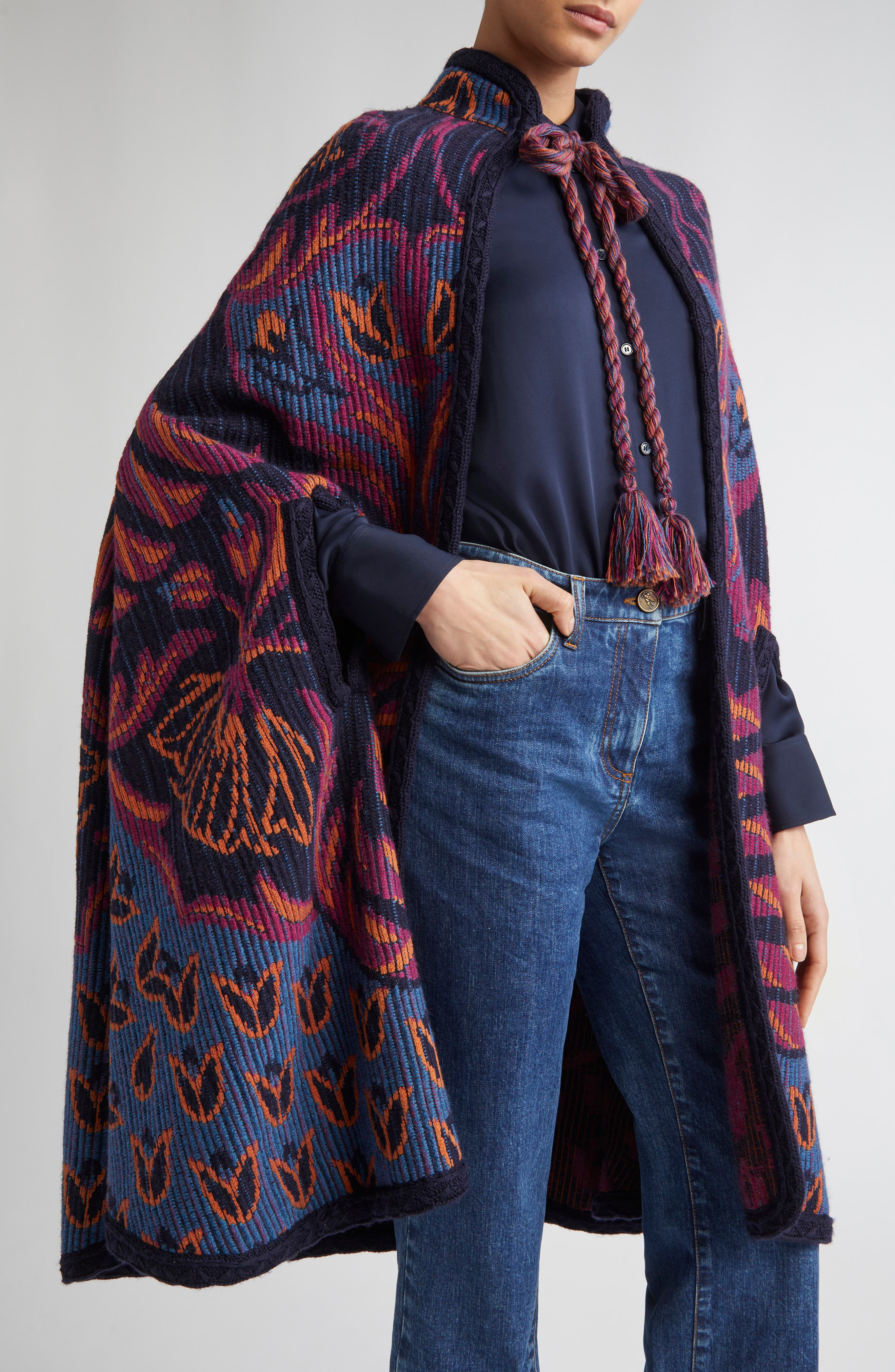 Etro Wool Blend Knit Cape in S9883 Multicolour/Blue at Nordstrom - 4