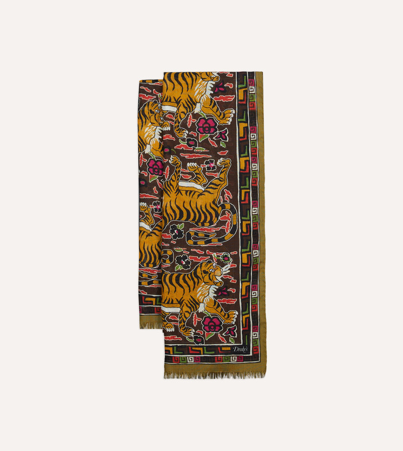 Brown Tiger Print Wool-Silk Scarf 1
