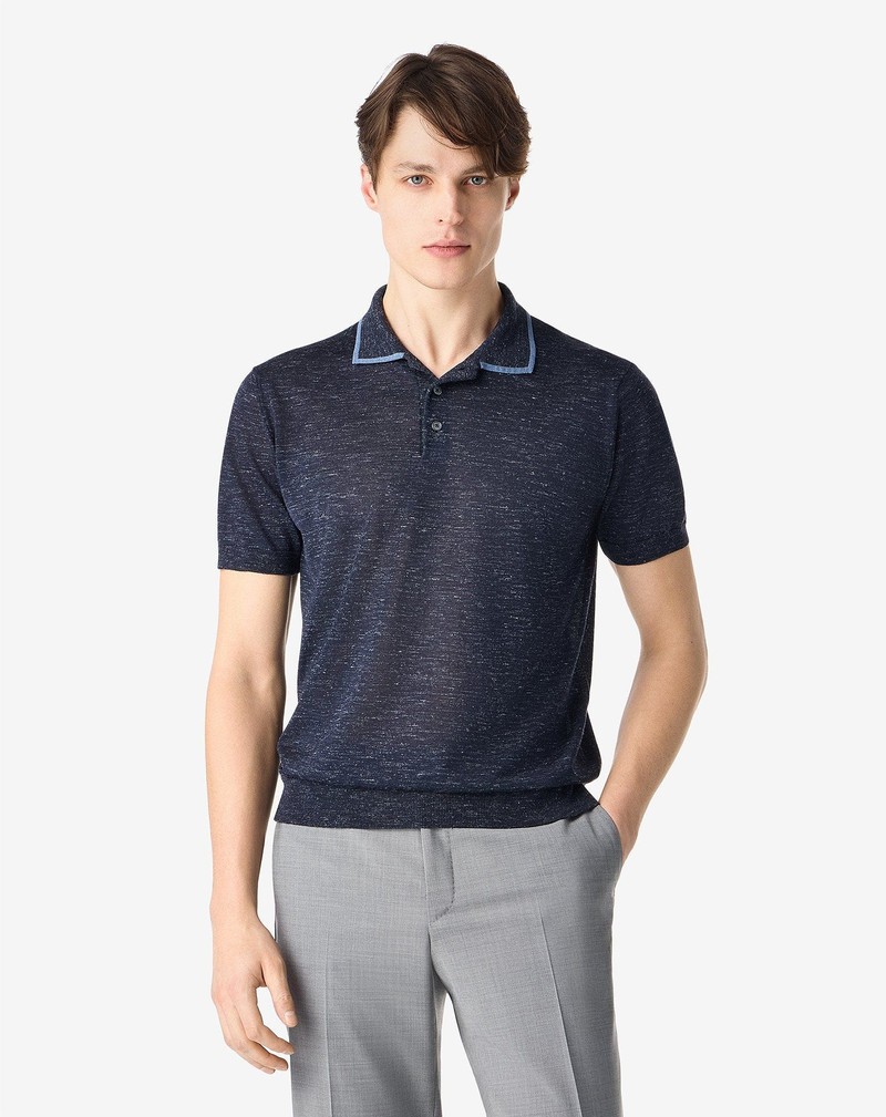 CORNELIANI Navy blue wool, silk and linen polo shirt outlook