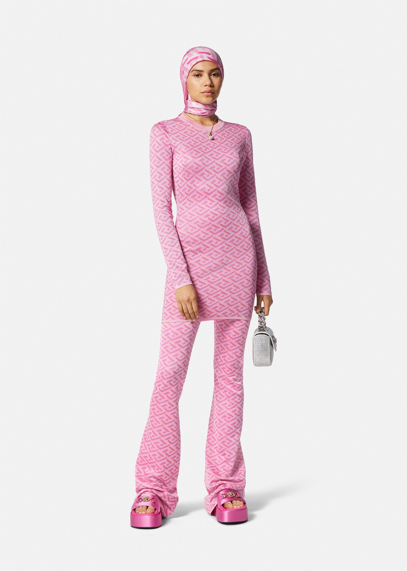 La Greca jacquard silk-blend flared pants in pink - Versace