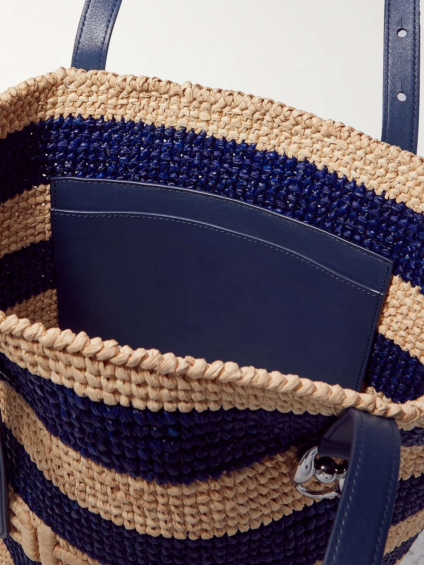 Leather-trimmed logo-embroidered striped raffia tote Navy - 5