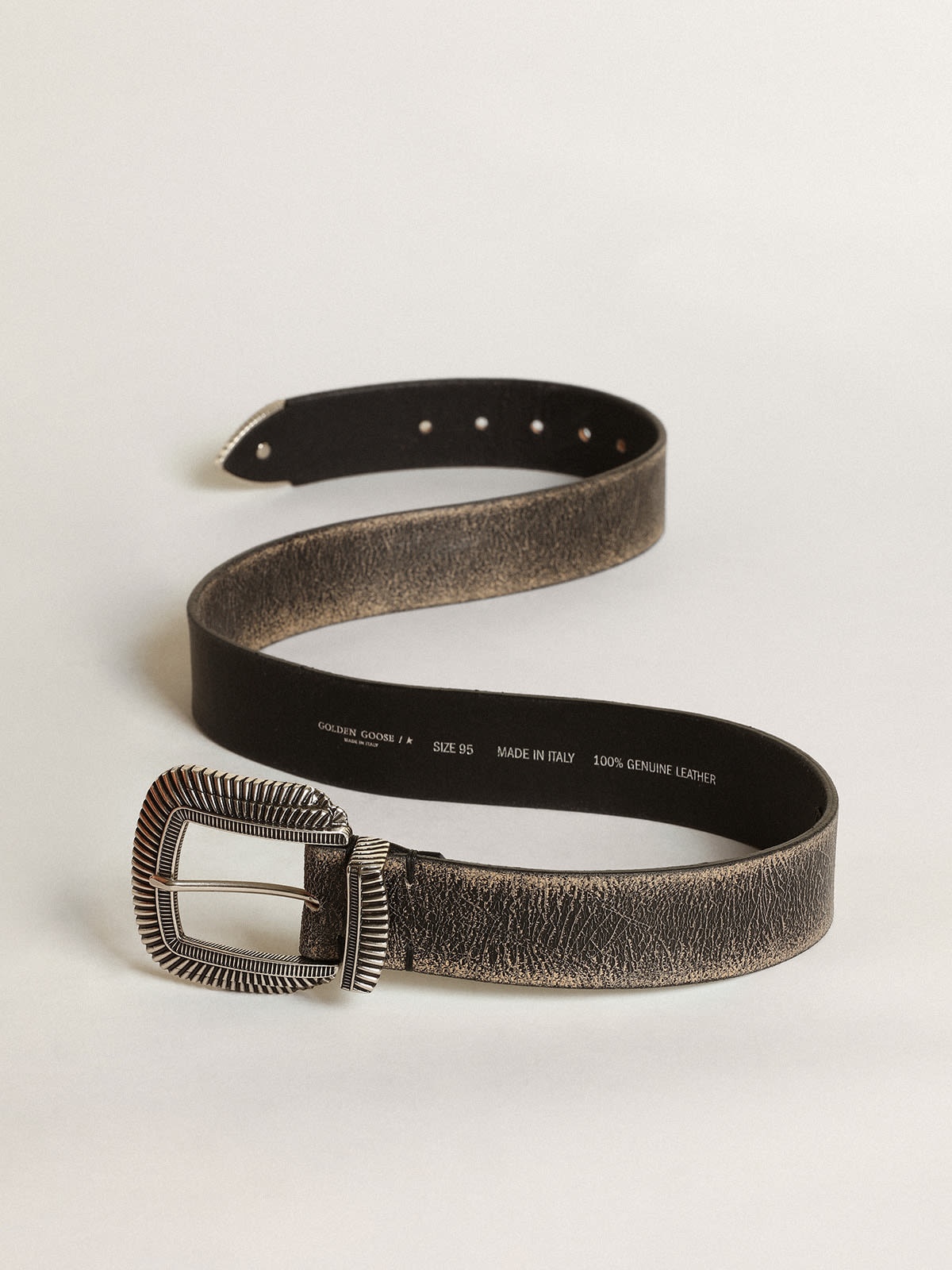Men's belt in black leather with decorated buckle - 4