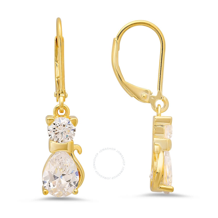 Kylie Harper - Kylie Harper 14k Gold Over Silver Dangling CZ Kitty Cat Leverback Earrings - 1