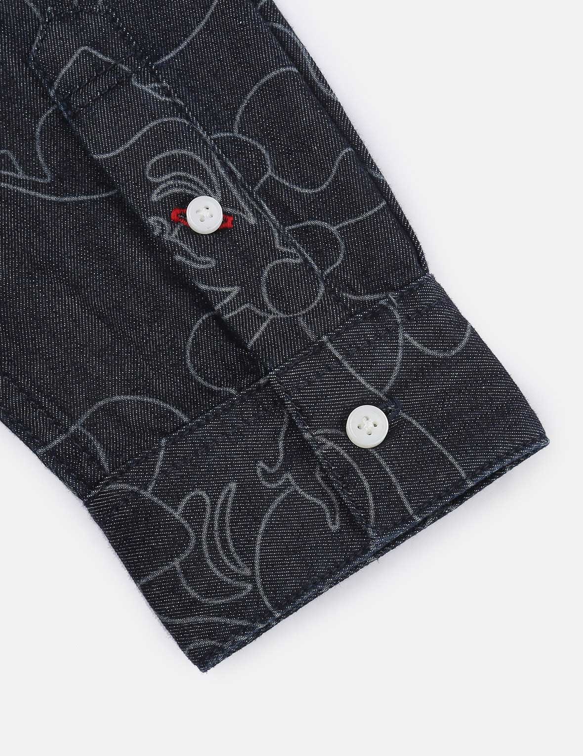 LINEAR CAMOUFLAGE DISCHARGED PRINT BLOCKING DENIM SHIRT - 10