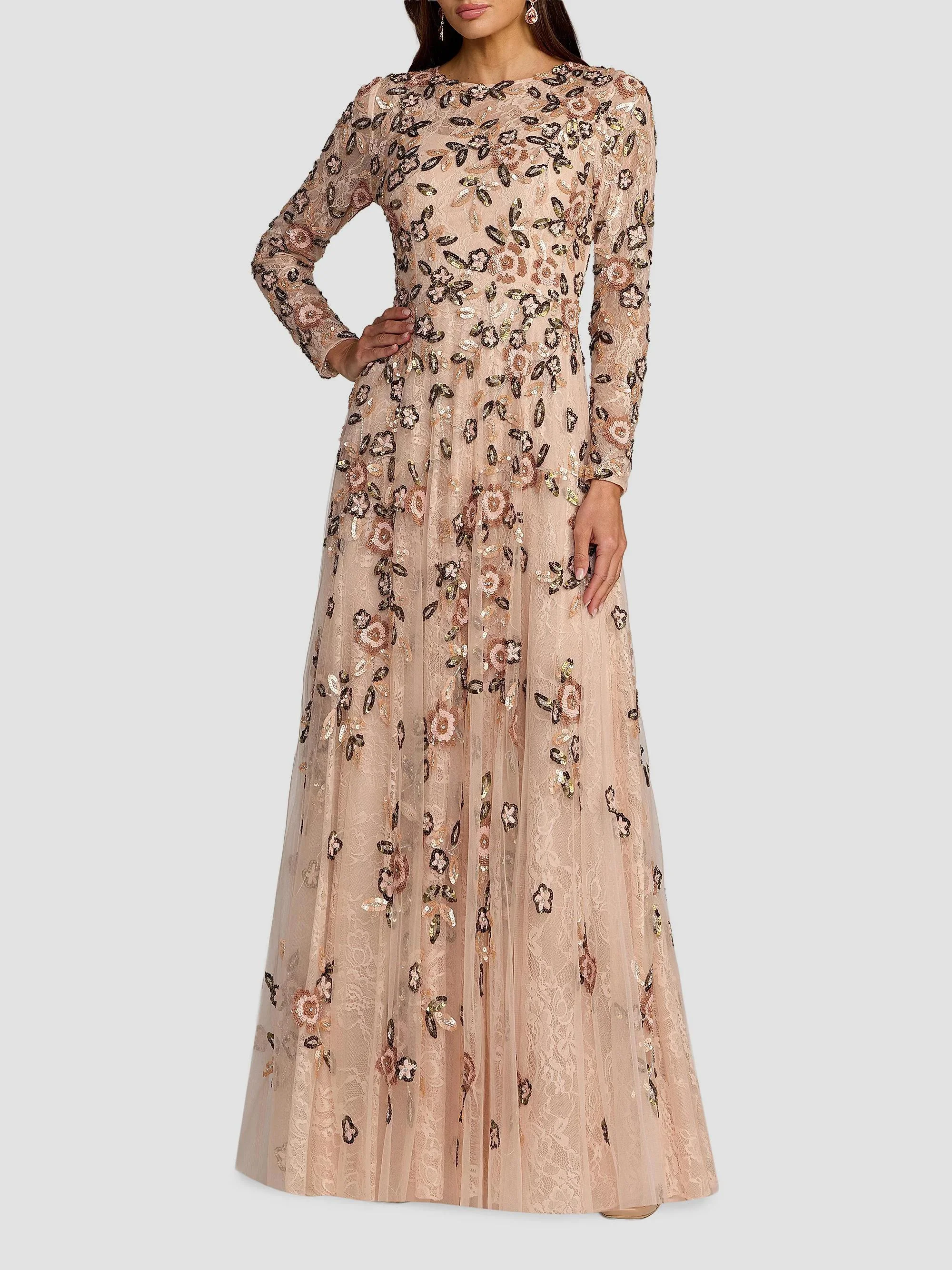 Women's Sequined Mesh A-Line Gown - Rose Multi - 1