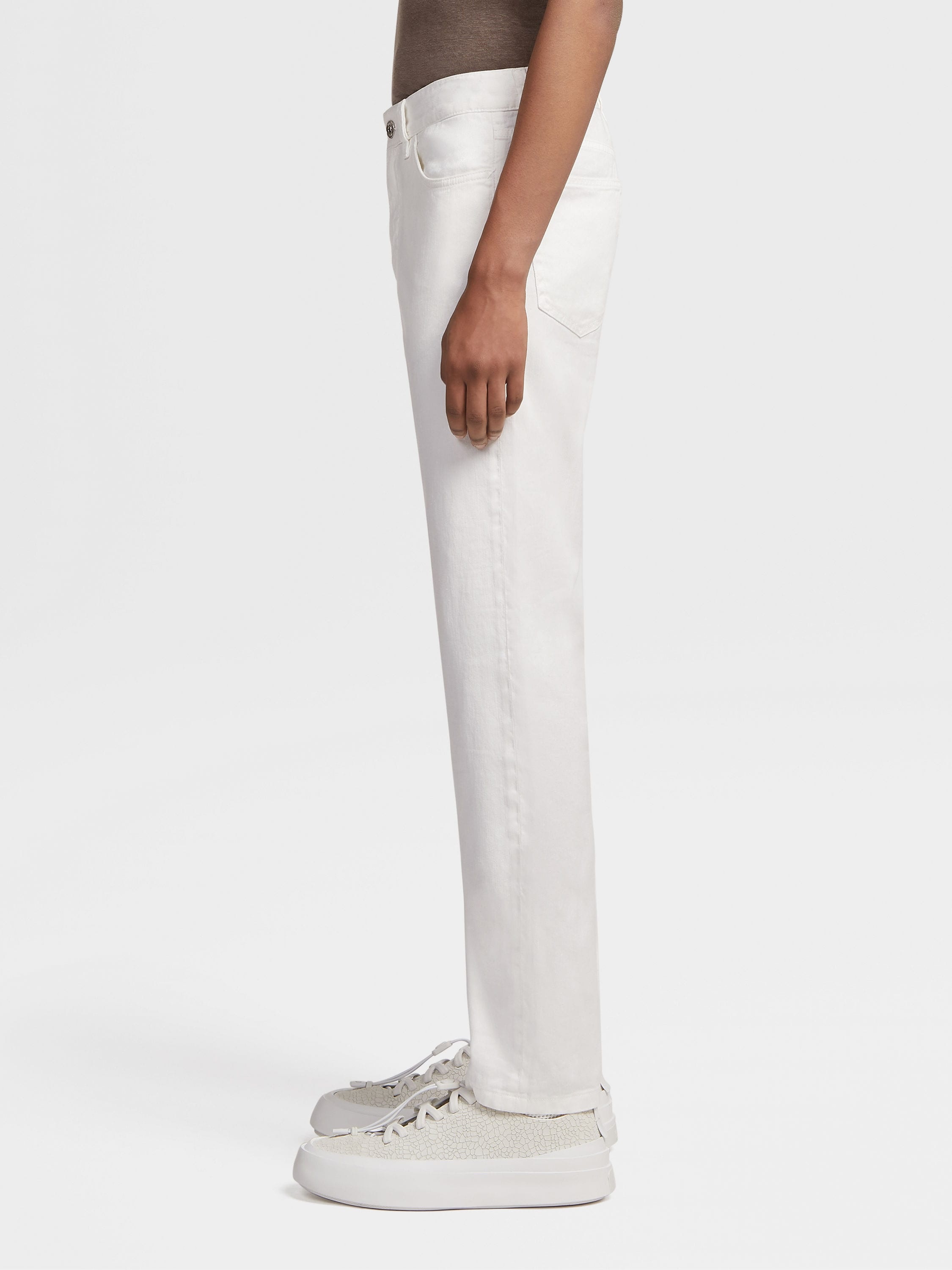 WHITE STRETCH LINEN AND COTTON JEANS - 4