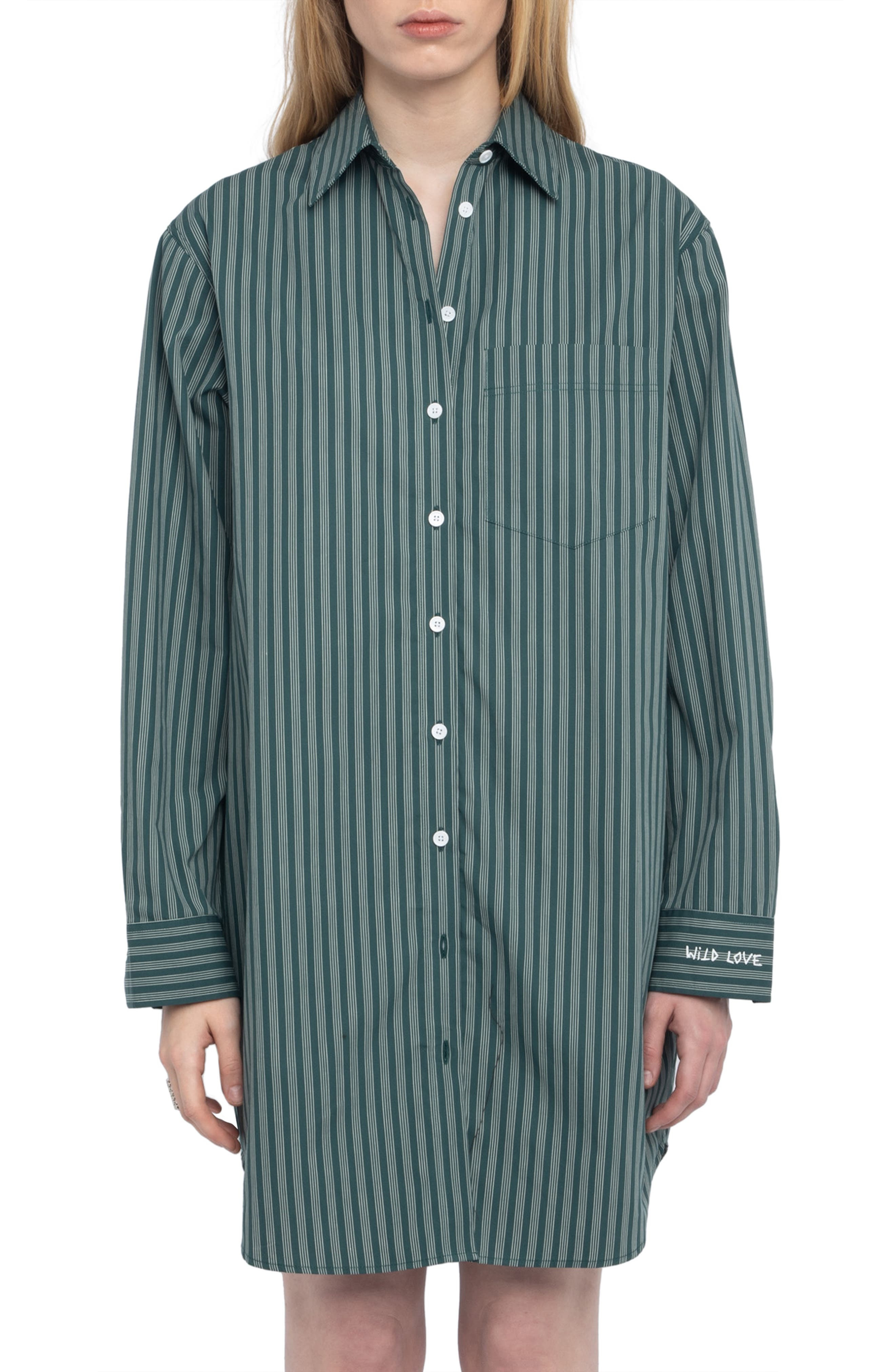 Zadig & Voltaire Rorning Stripe Long Sleeve Shirtdress in Emerald at Nordstrom - 7
