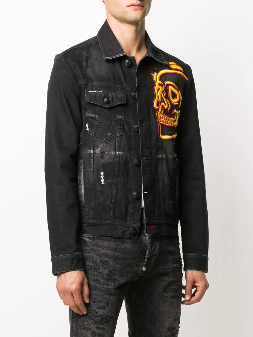 outline skull denim jacket - 3