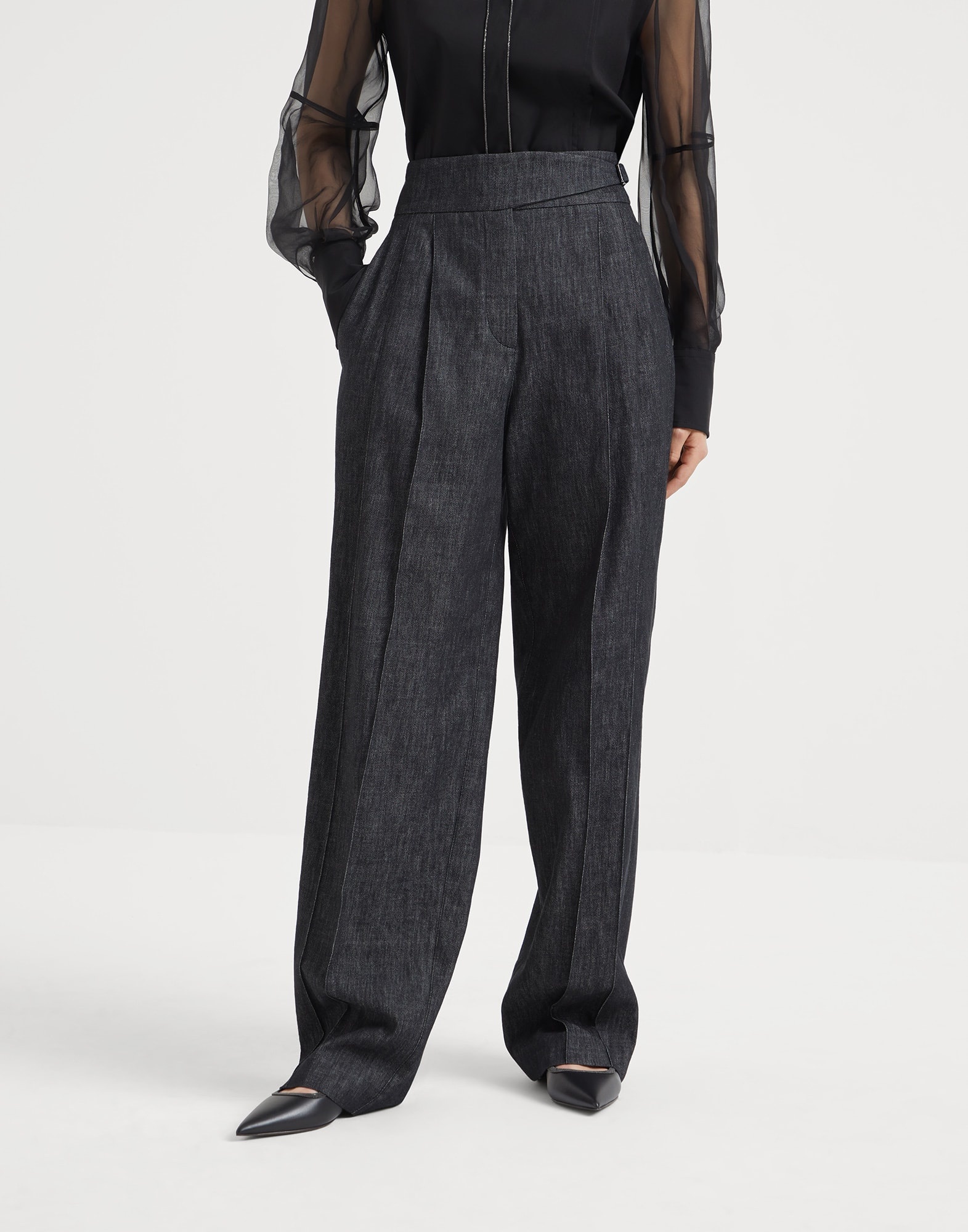 Cotton denim-effect twill loose tuxedo trousers - 1