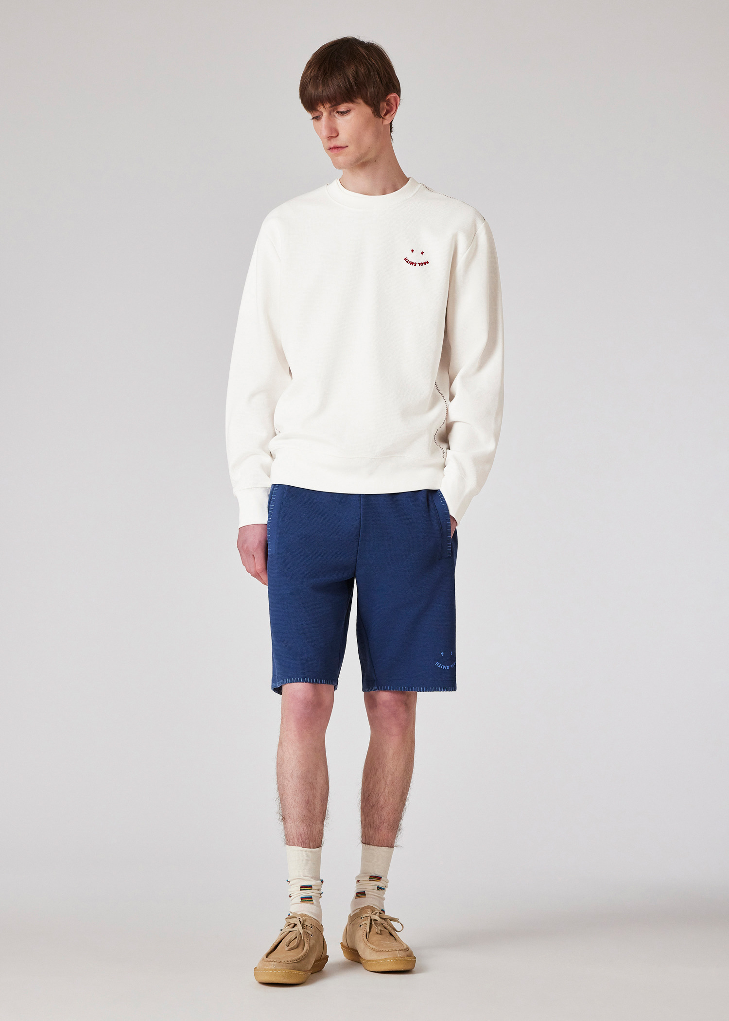 White Cotton-Blend 'Happy' Blanket-Stitch Sweatshirt - 5