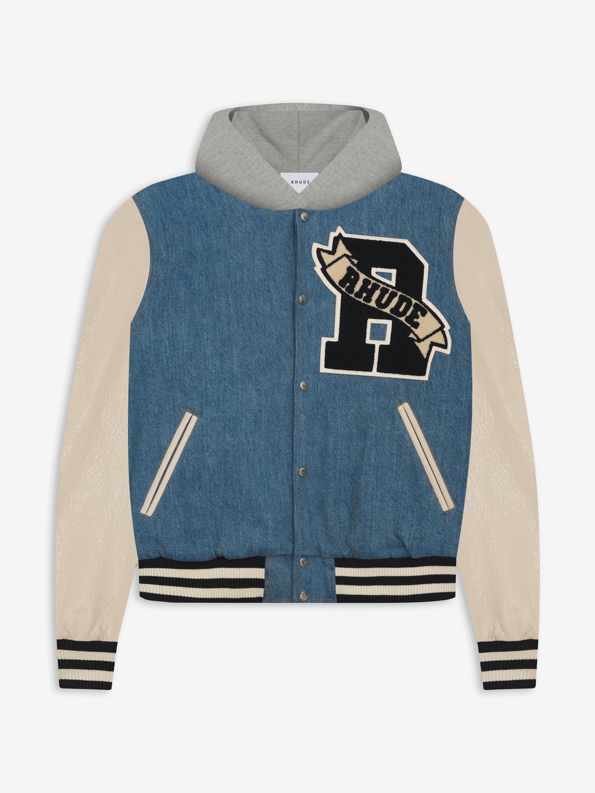 WASHED DENIM HOODED VARSITY JACKET - 1