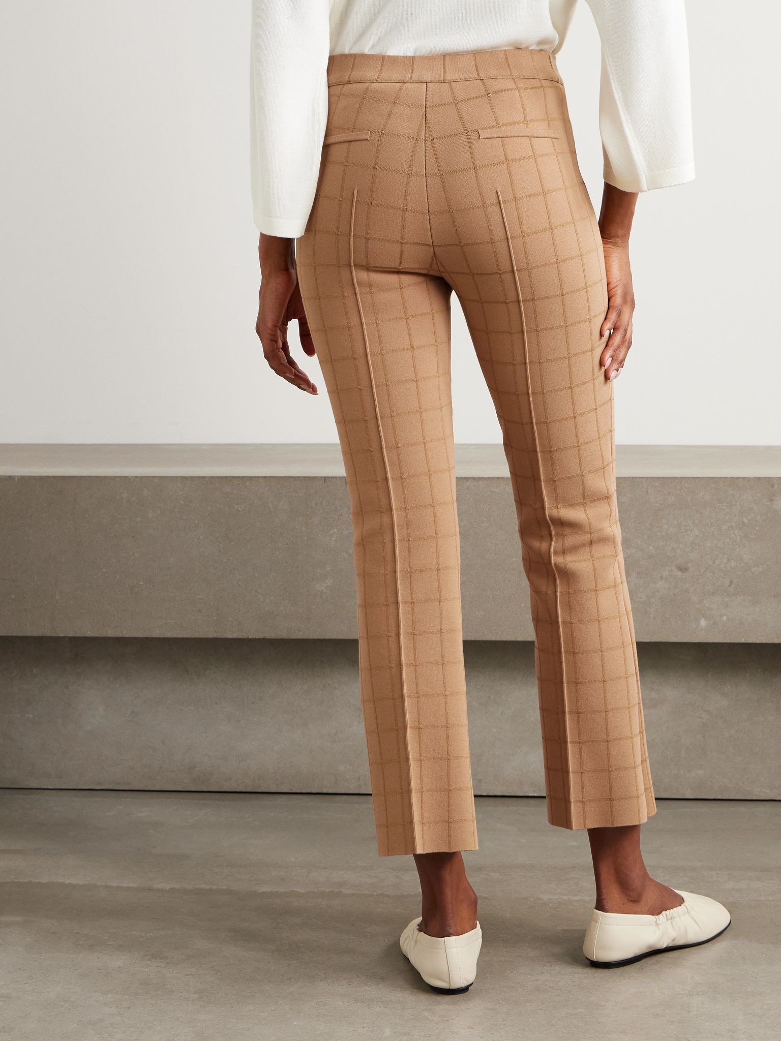 Kick checked stretch-knit flared pants Beige - 3