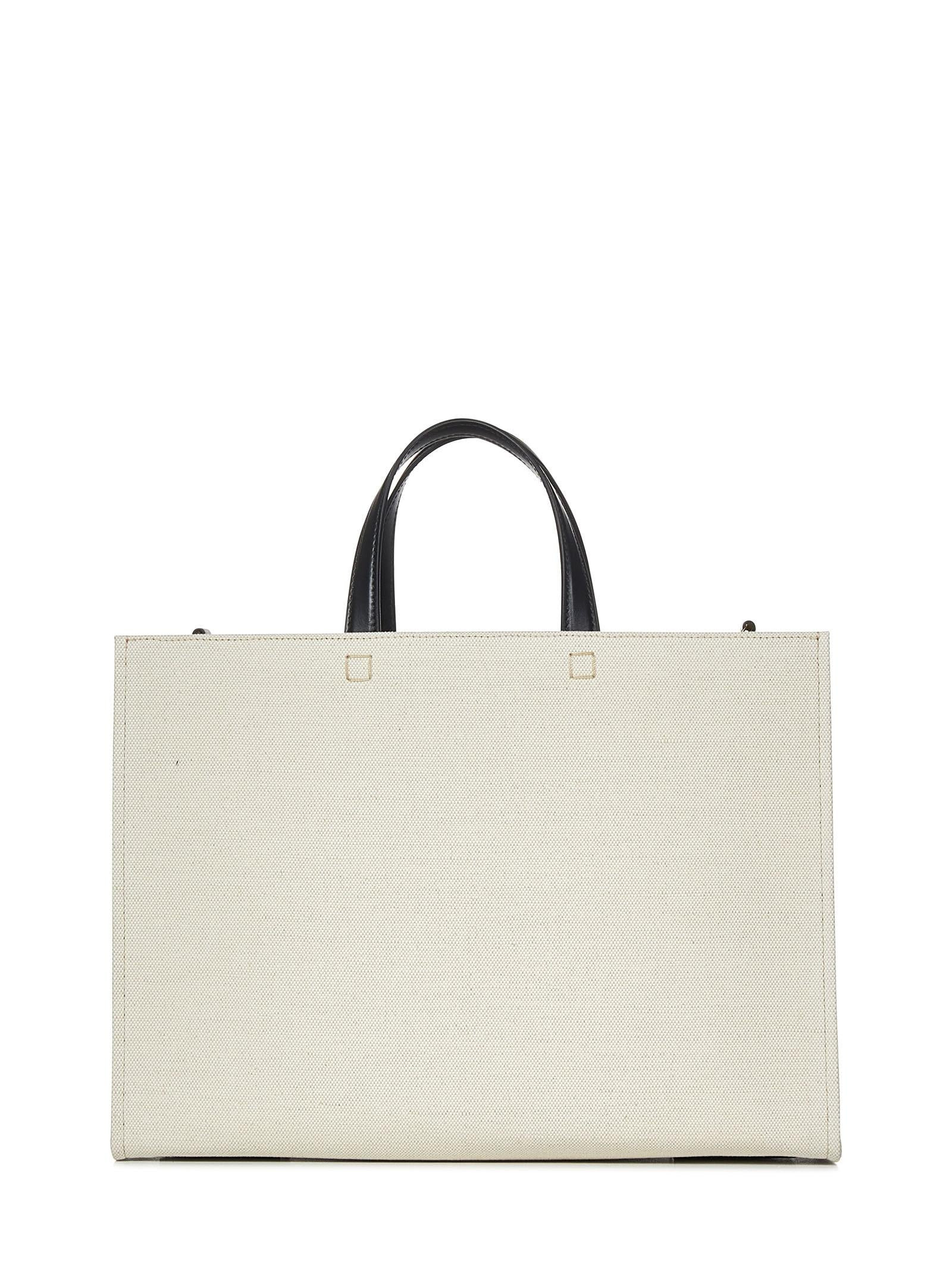 Beige cotton and linen canvas tote bag with signature at front and removable shoulder strap. - 4