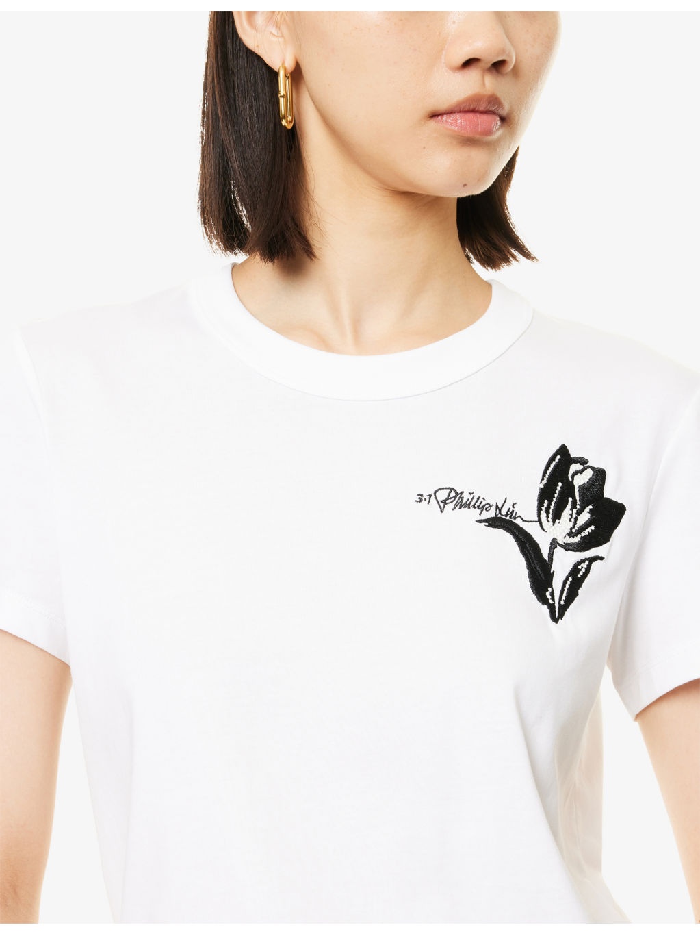 Tulip Embroidery Cropped Short-Sleeve Cotton-Jersey T-Shirt - 5