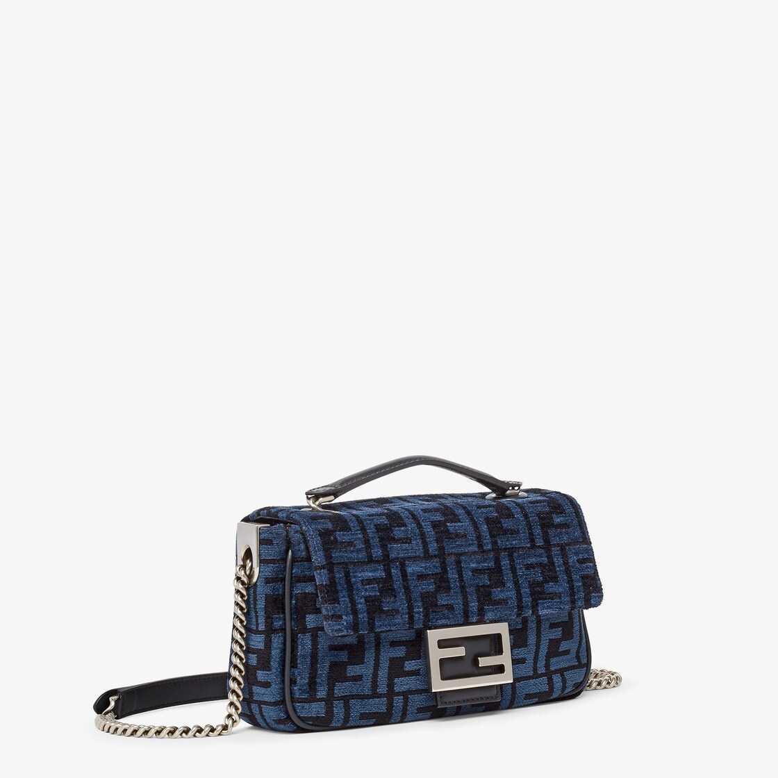 Iconic medium-sized Baguette bag with chain, made of chenille with dark blue FF tapestry motif. Trim - 2