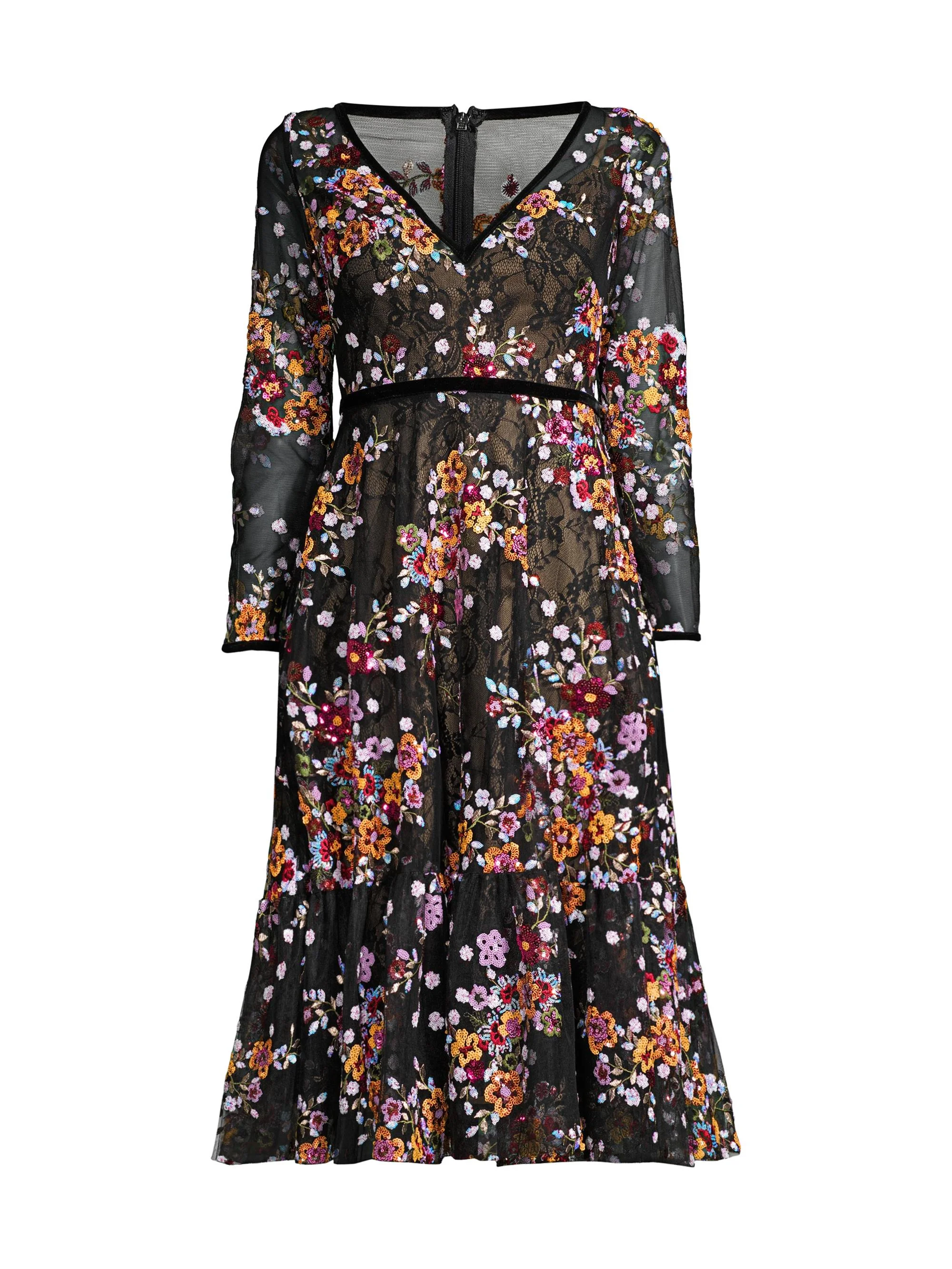 Women's Embroidered Floral Lace Tea Dress - Black Multi - 1