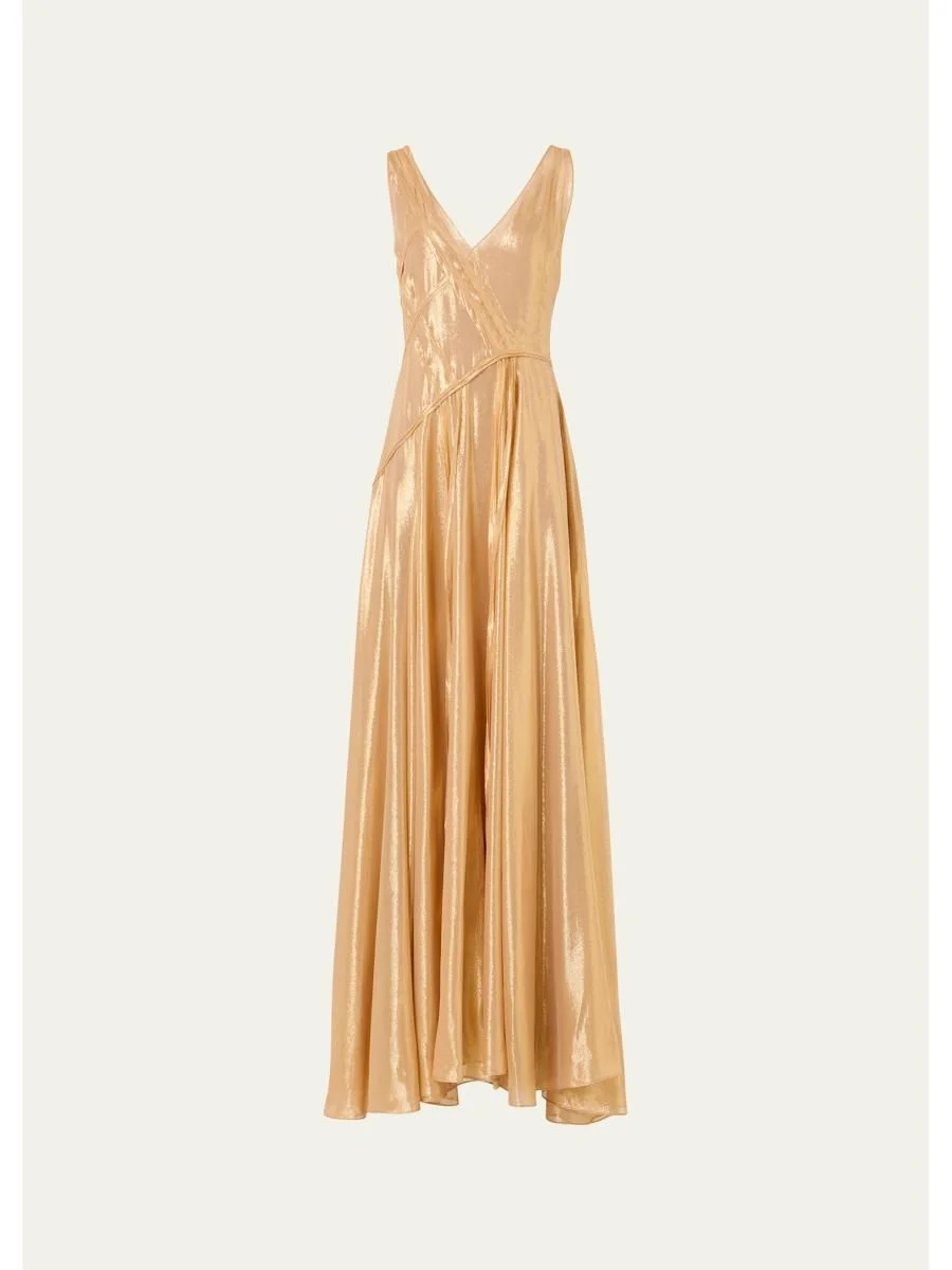 Sleeveless Asymmetric Paneled Lamé Silk Gown - 1
