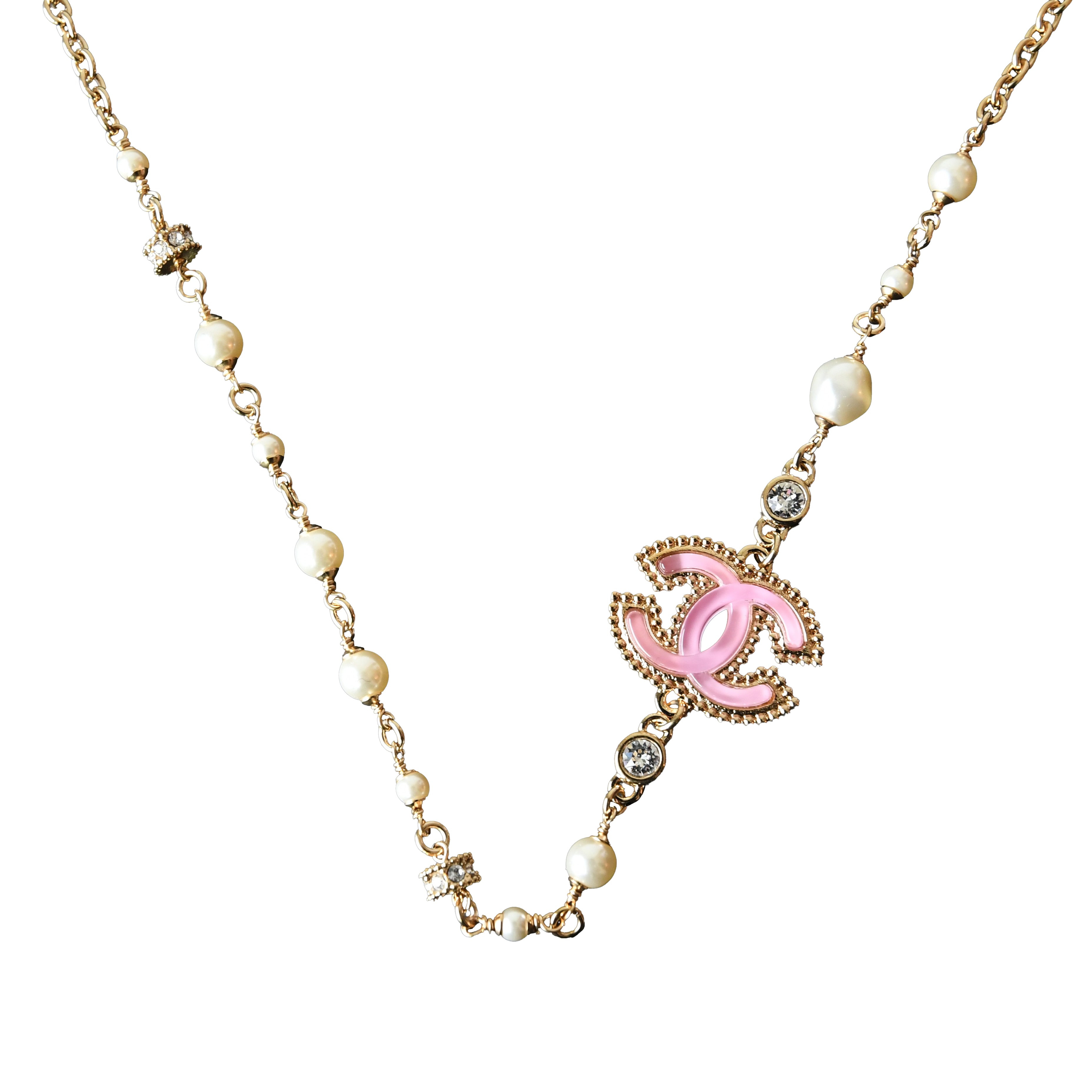Chanel 24P Crystal Strass Resin CC With Pearl Necklace Pink Gold White - 2