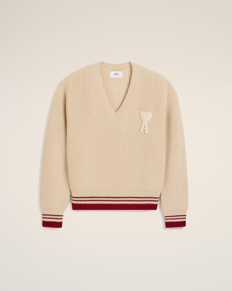 BEIGE WOOL RIBBED V NECK SWEATER 1