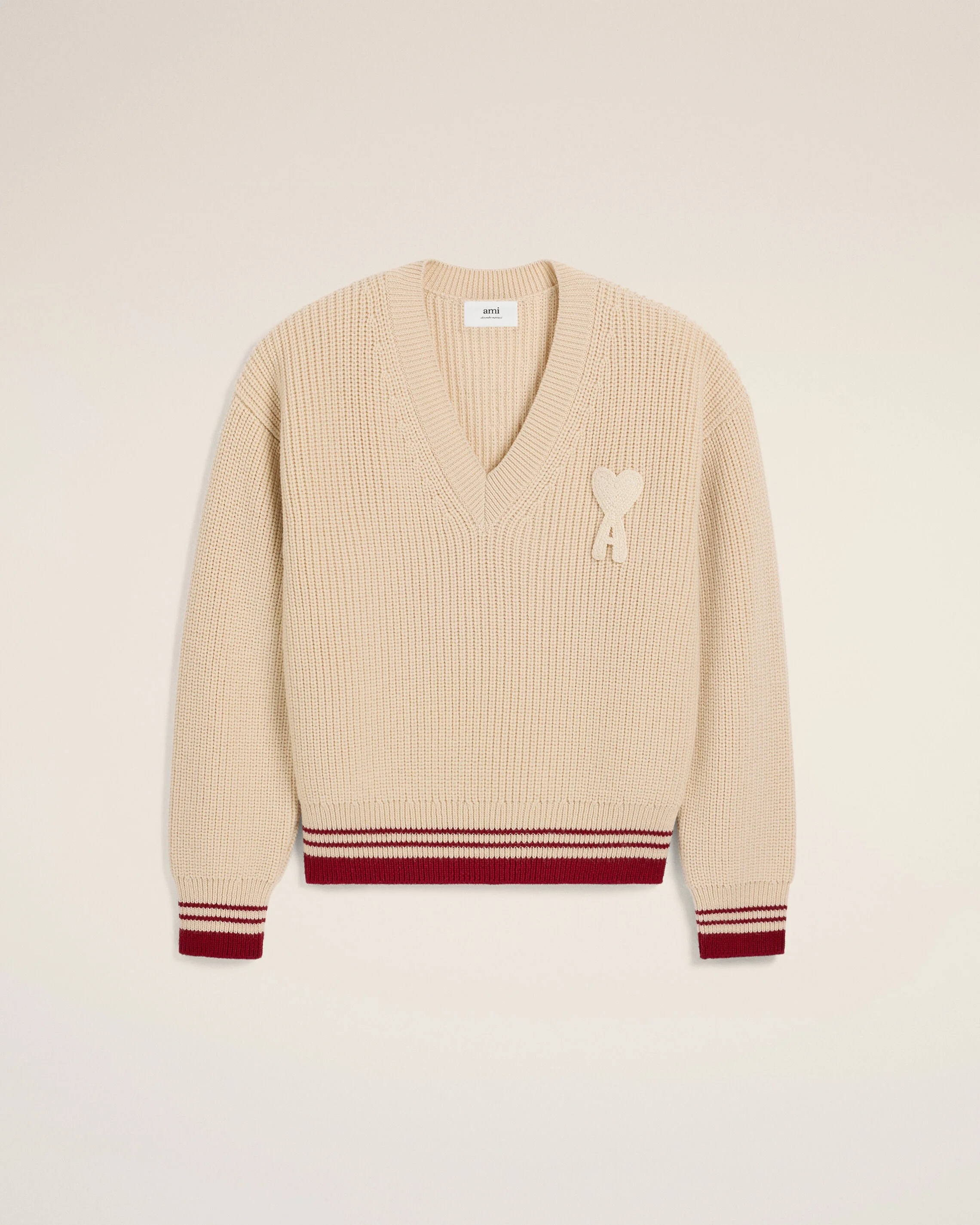 BEIGE WOOL RIBBED V NECK SWEATER - 1